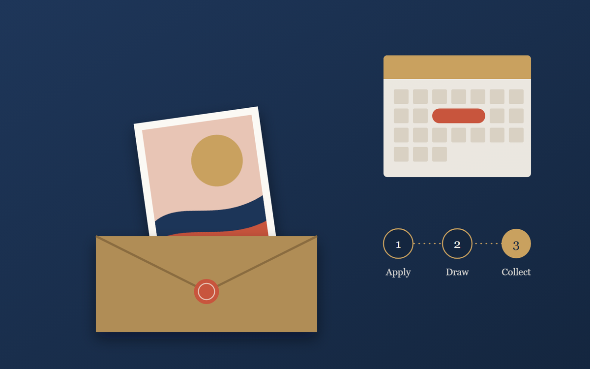 A print sliding out of an envelope beside a calendar and the three steps: apply, draw, collect