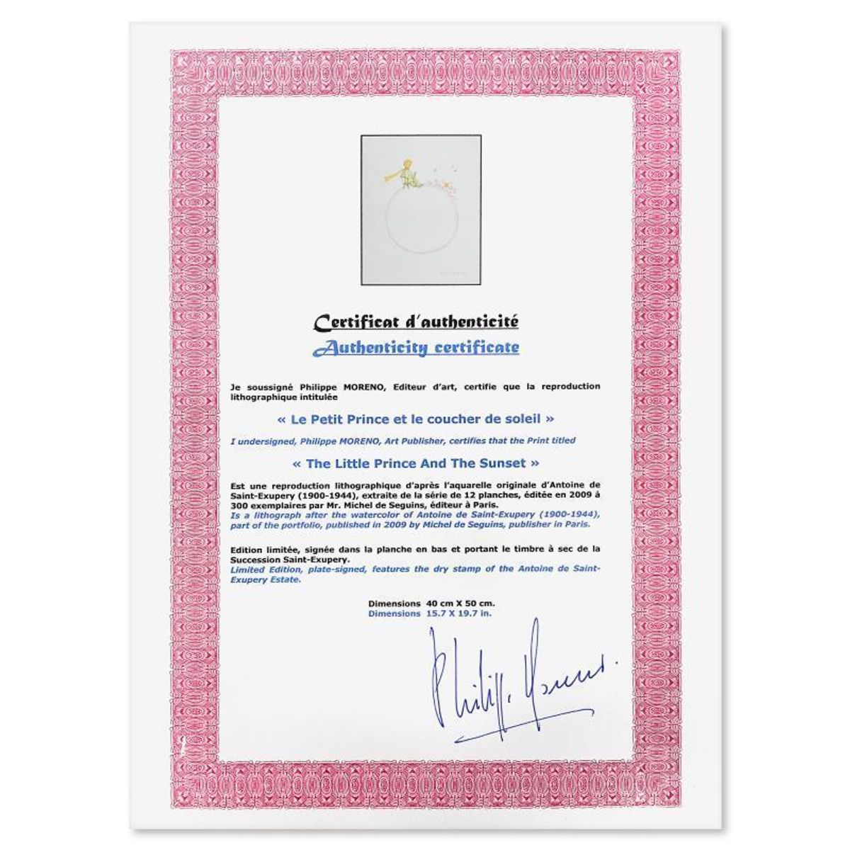 Antoine de Saint-Exupery 1900-1944 (After), "The Little Prince And The Sunset" Framed Limited Edition Lithograph with Certificate of Authenticity.
