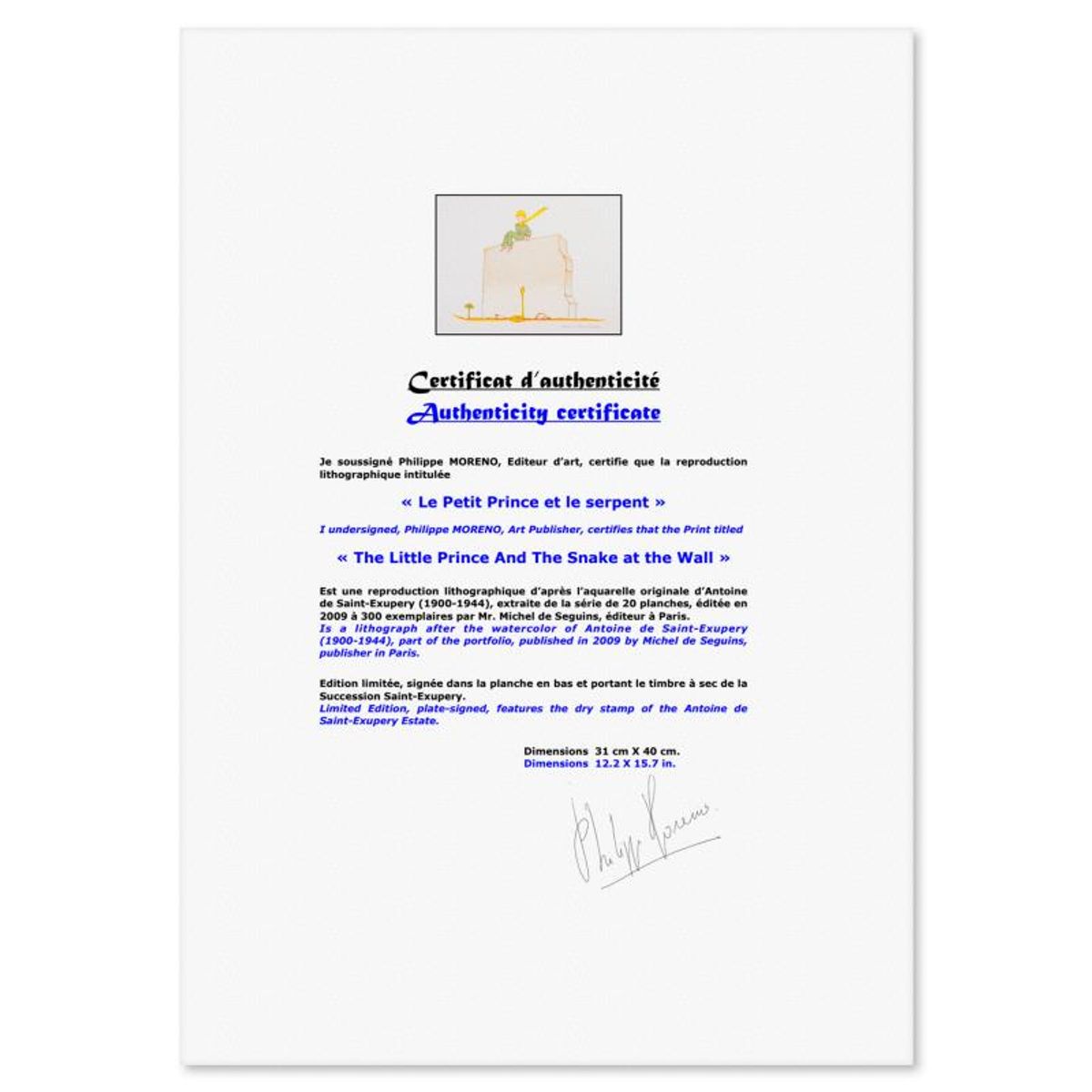 Antoine de Saint-Exupery 1900-1944 (After), "The Little Prince And The Snake at the Wall" Framed Limited Edition Lithograph with Certificate of Authenticity