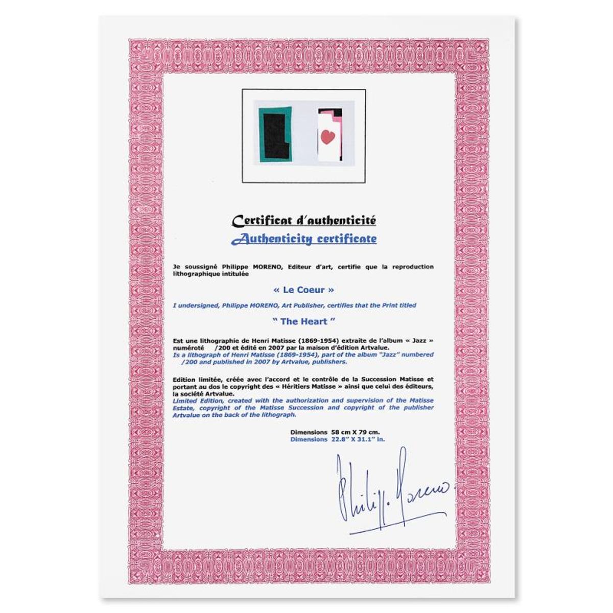 Henri Matisse 1869-1954 (After), "Le Coeur (The Heart)" Framed Limited Edition Lithograph with Certificate of Authenticity.