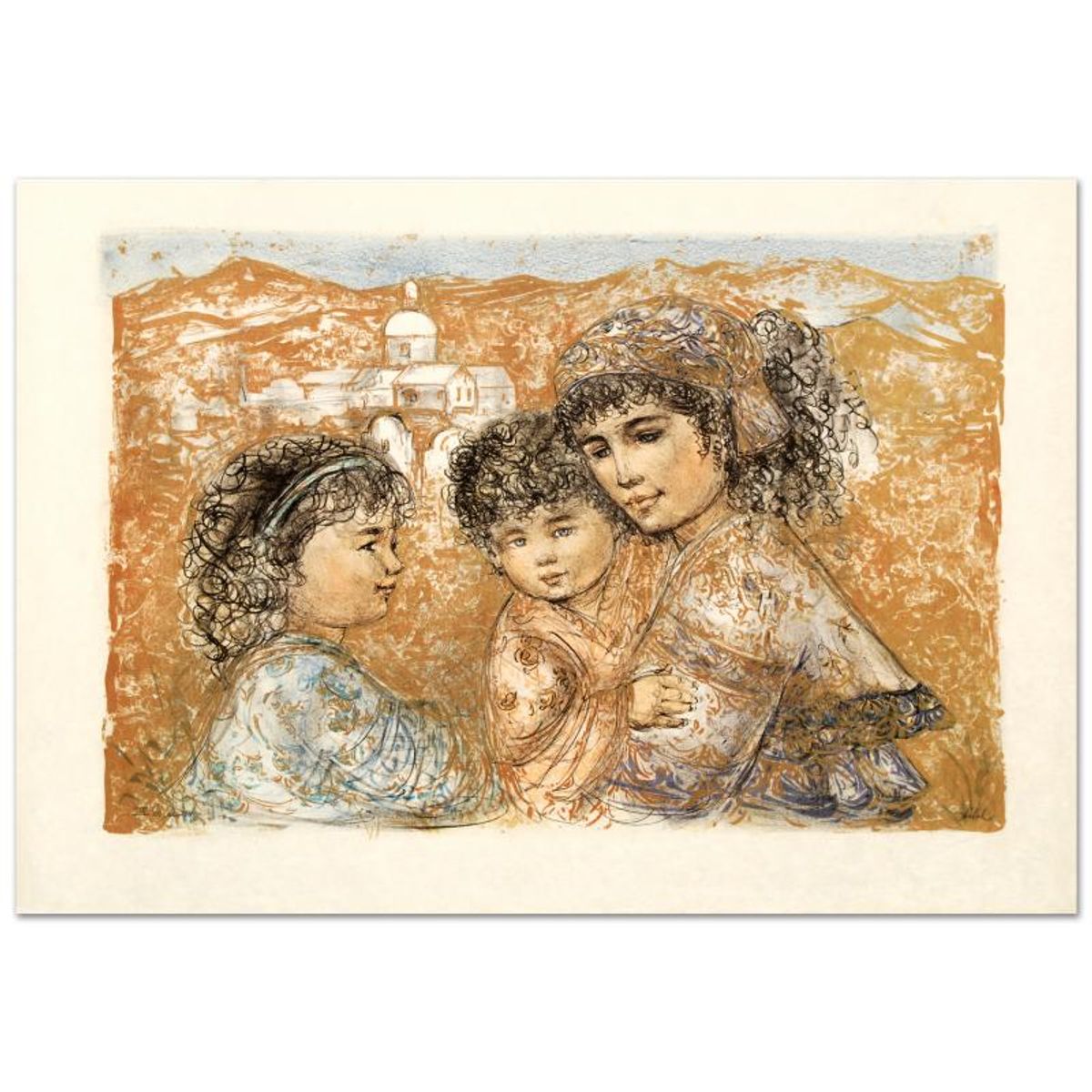 Zalina with Aries and Ande Limited Edition Lithograph by Edna Hibel (1917-2014), Numbered and Hand Signed with Certificate of Authenticity.