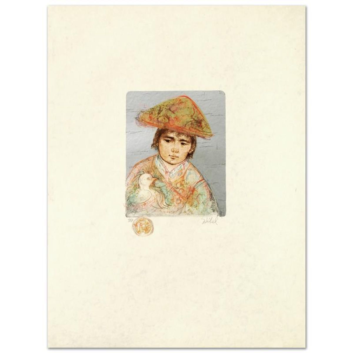 Edna Hibel (1917-2014), "Boy with Chicken" Hand Signed Limited Edition Lithograph with Certificate of Authenticity.