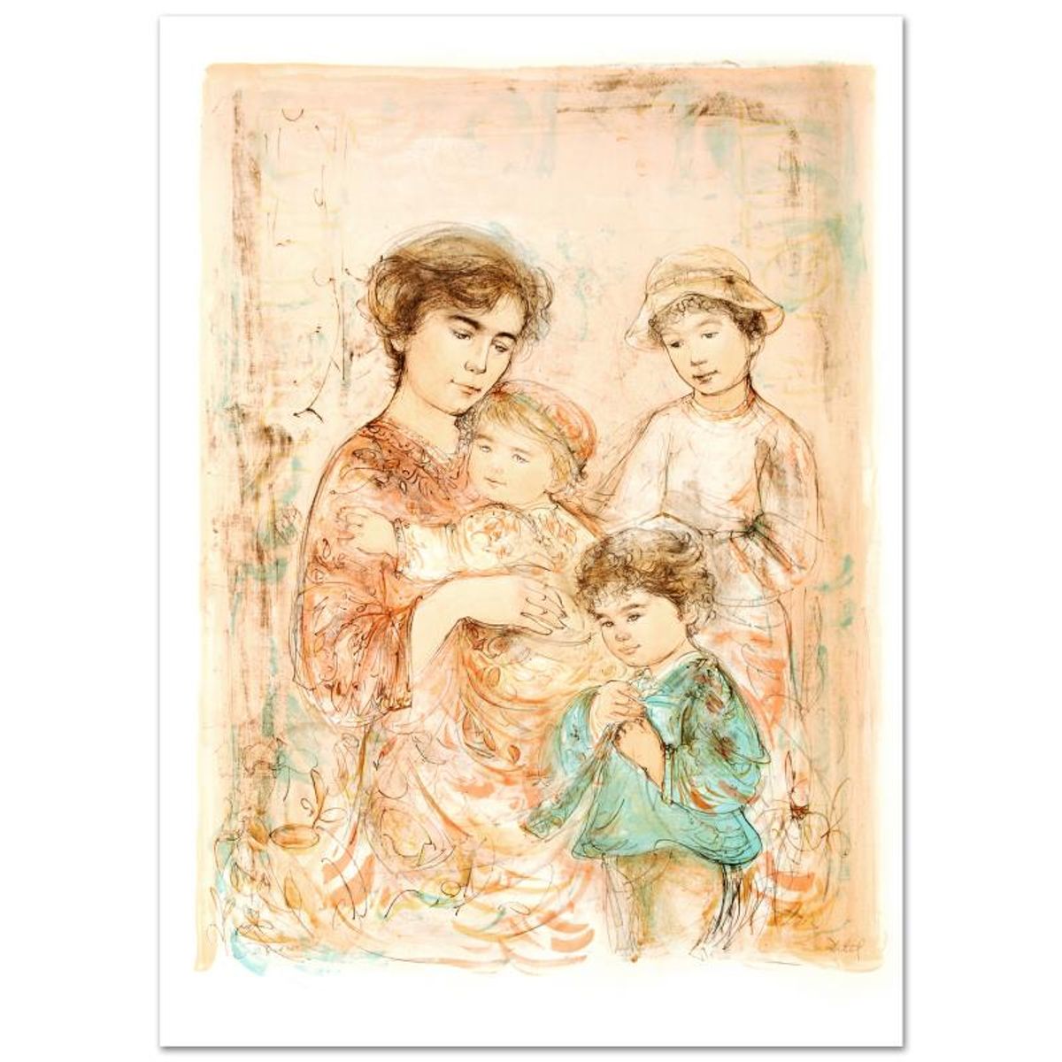 Edna Hibel (1917-2014), "Lotte and Her Children" Hand Signed Limited Edition Lithograph with Certificate of Authenticity.