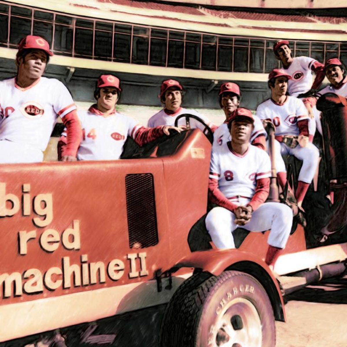 Pete Rose, "Big Red Machine Tractor" Lithograph Signed by the Big Red Machine's Starting Eight, with Certificate of Authenticity.