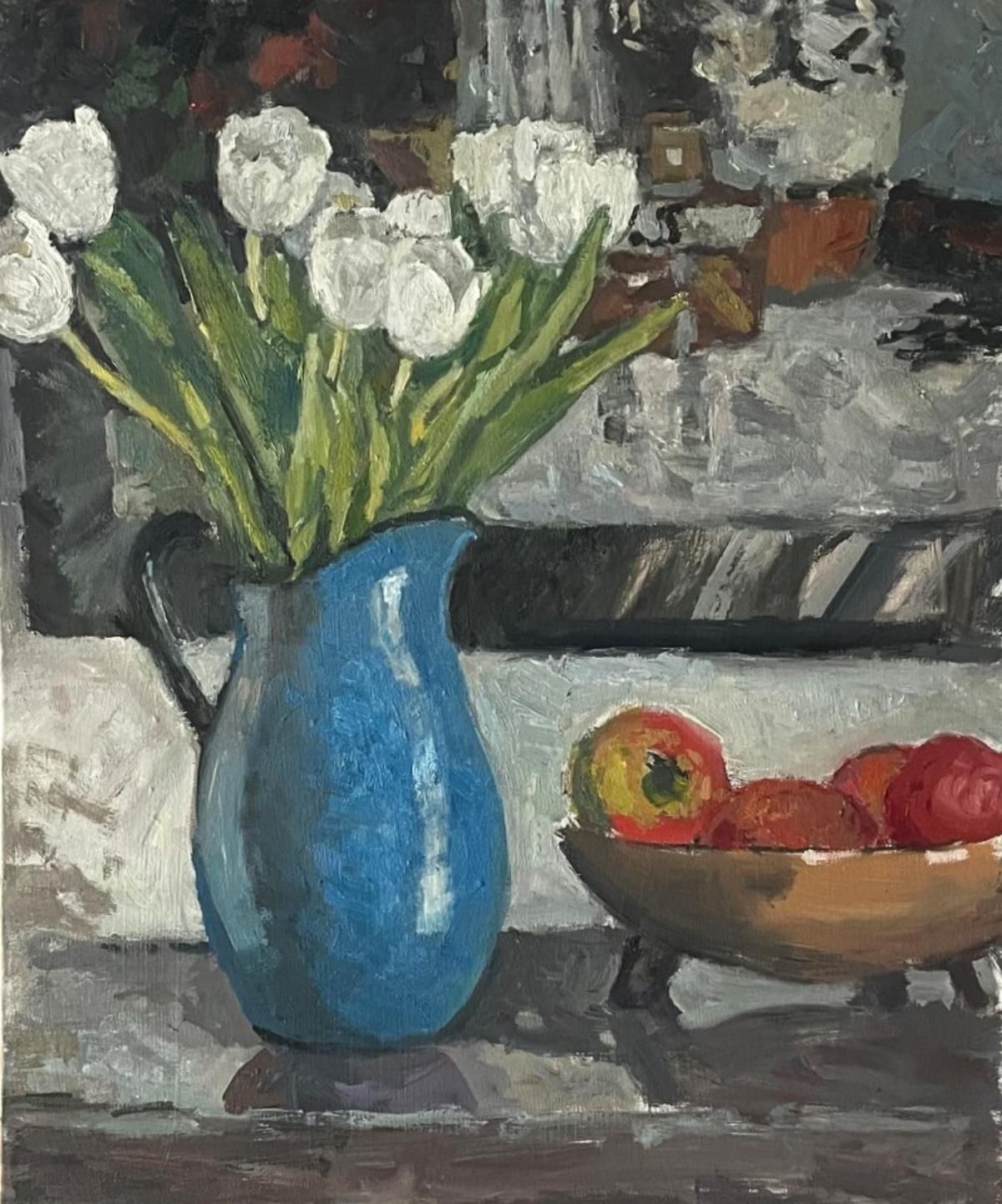 Boris Tyomkin- Oil on canvas "Tulips and Apples"