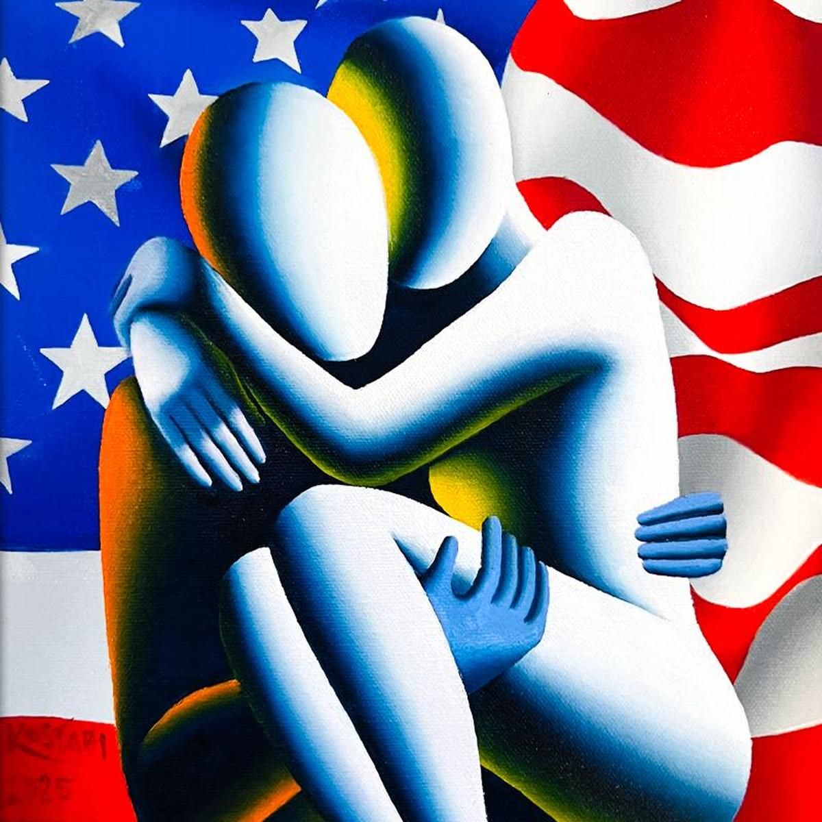 Mark Kostabi, "Saving Grace" Framed Original Oil Painting on Canvas, Hand Signed with a Certificate of Authenticity.