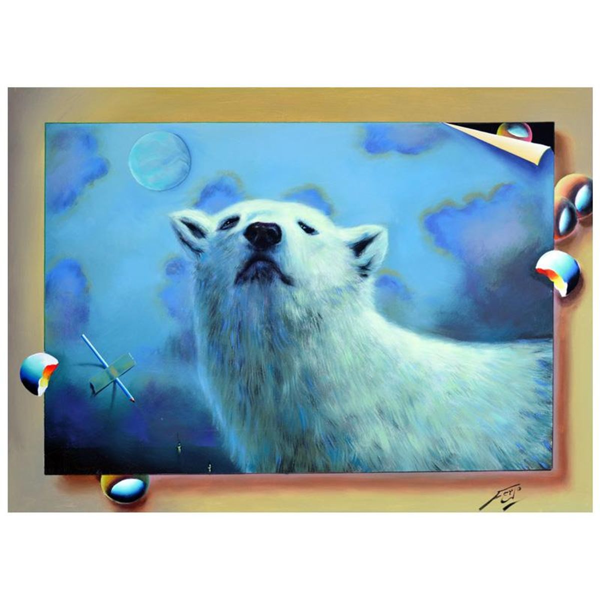 Ferjo, "Polar Bear" Original Painting on Canvas, Hand Signed with Letter of Authenticity.