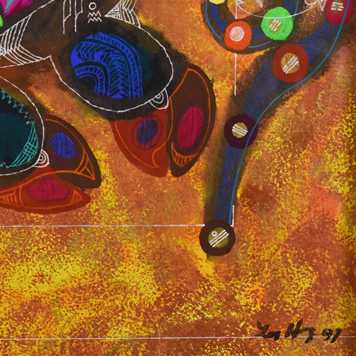 Lu Hong, "Fire Pig (1997)" Framed Original Mixed Media Painting, Hand Signed with Letter of Authenticity.