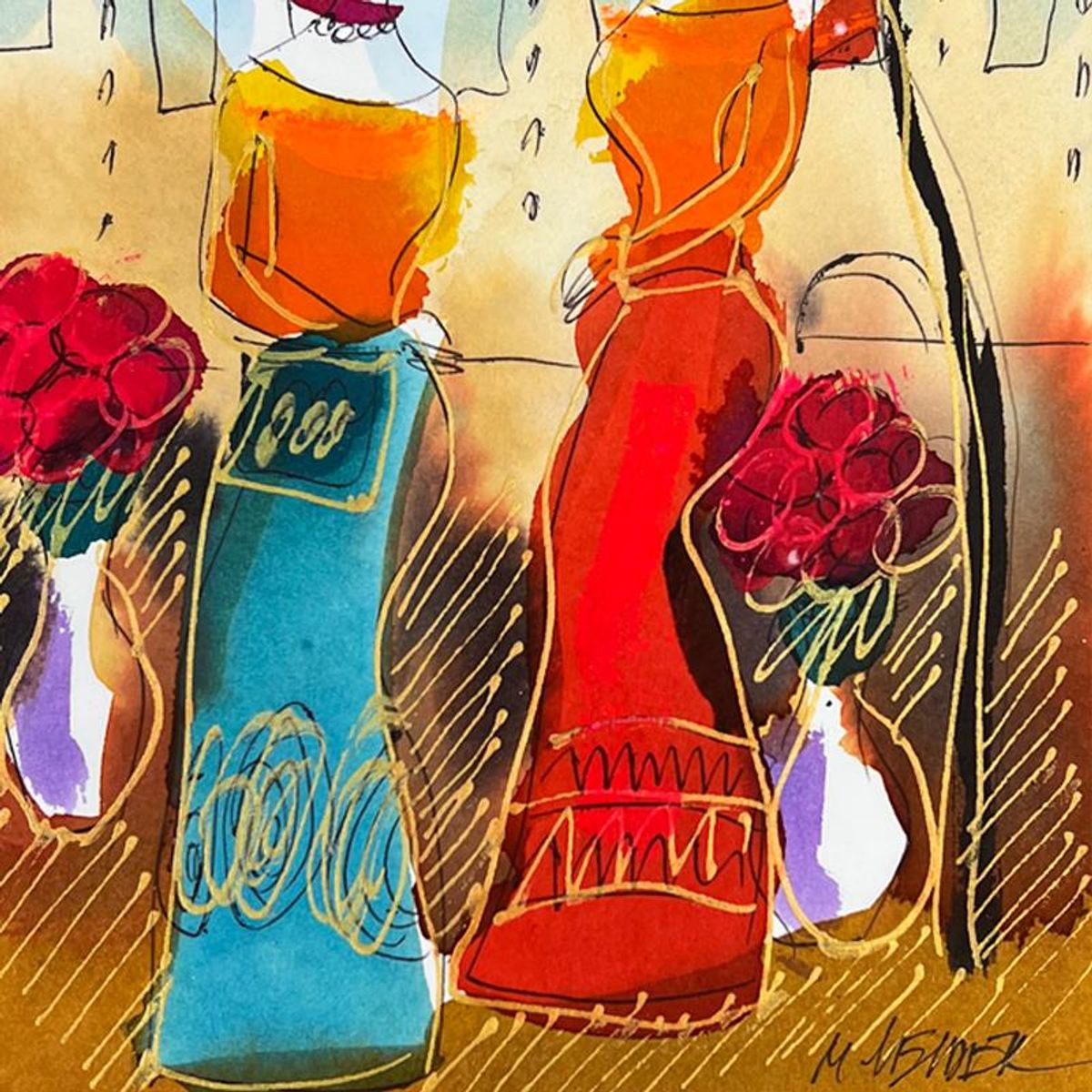 Moshe Leider, Framed Original Mixed Media Watercolor Painting, Hand Signed with Letter of Authenticity.