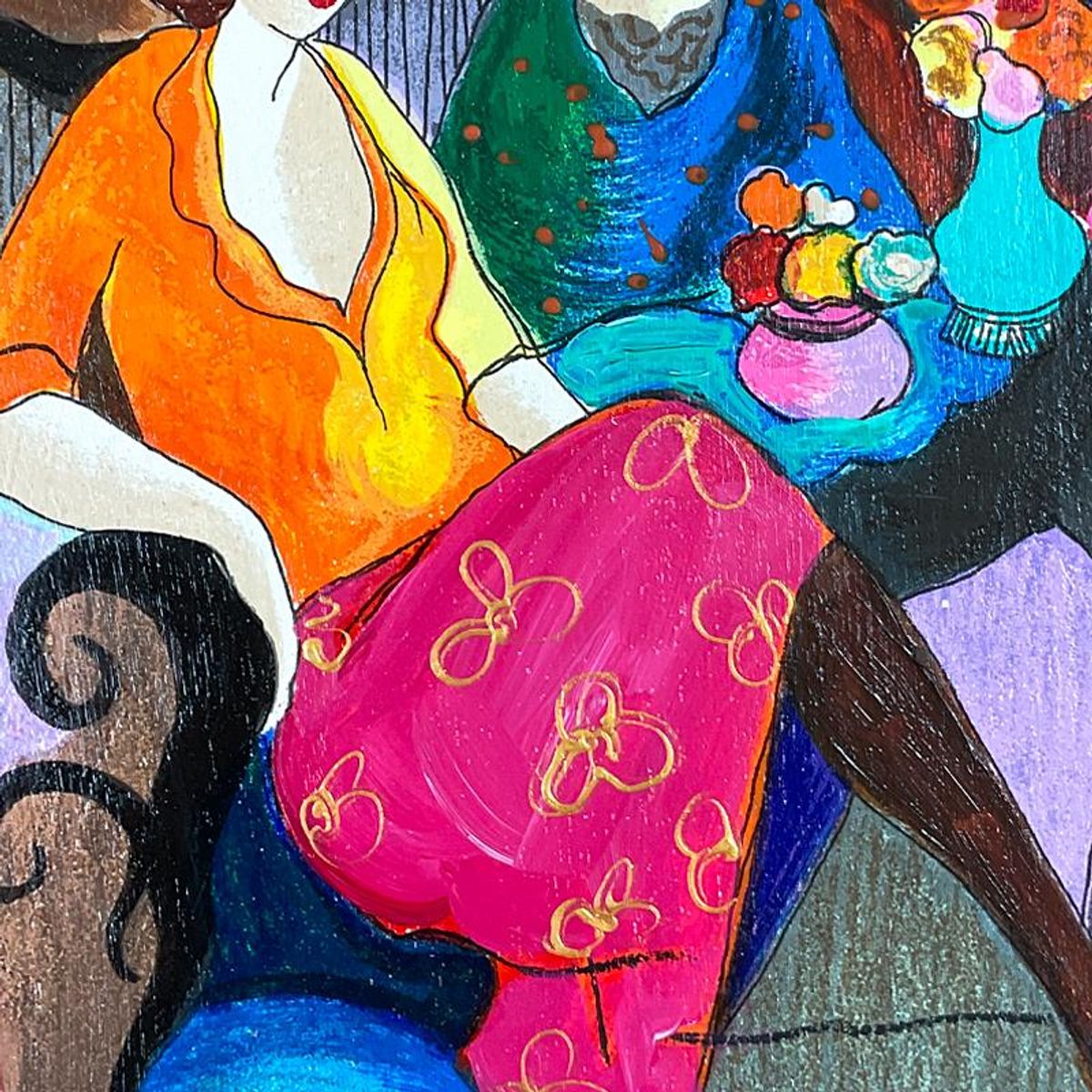 Itzchak Tarkay (1935-2012), "Chit Chat" Framed One-of-a-Kind Mixed Media Over Paint on Wood, Hand Signed with Letter of Authenticity