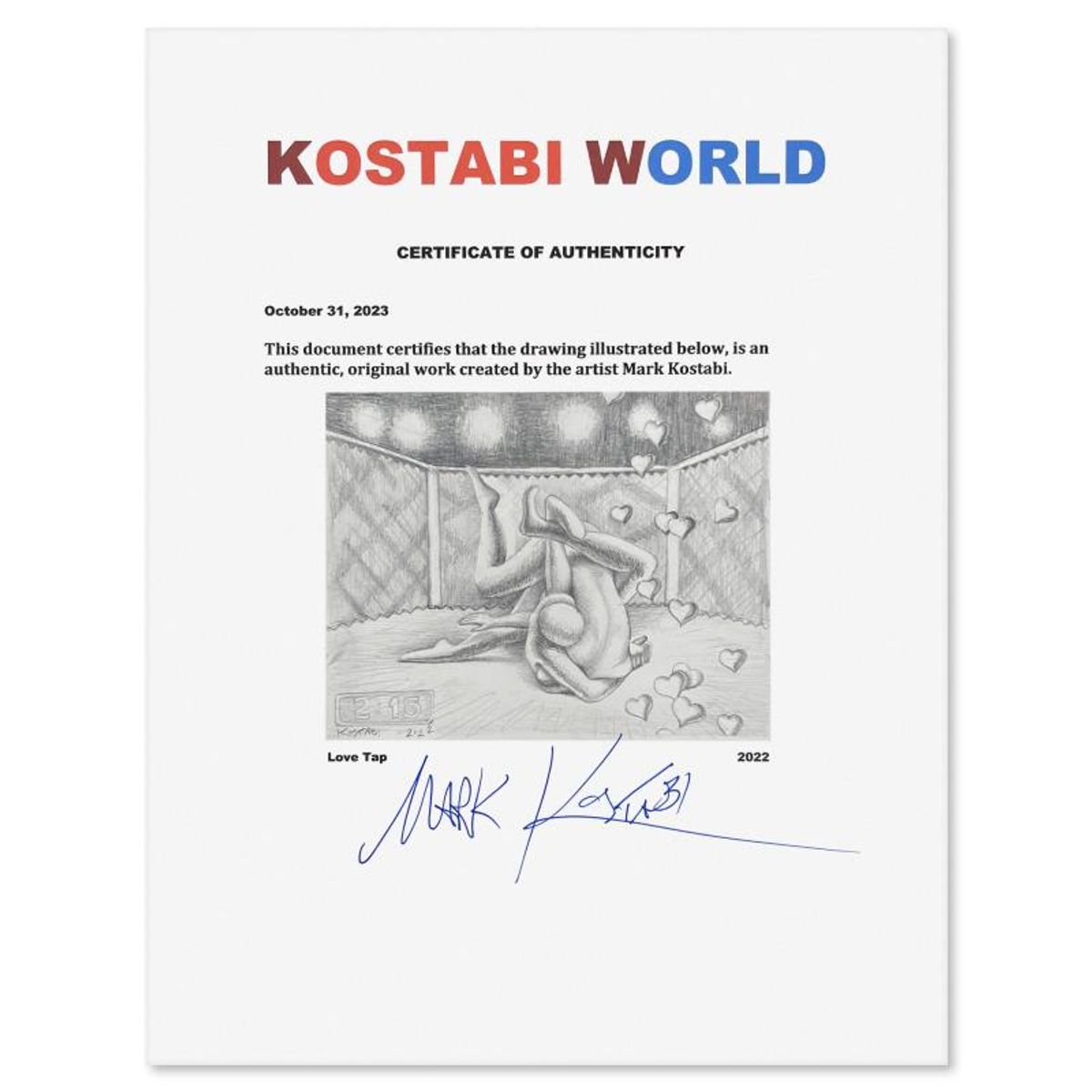 Mark Kostabi, "Love Tap" Framed Original Drawing on Paper, Hand Signed with Certificate of Authenticity.