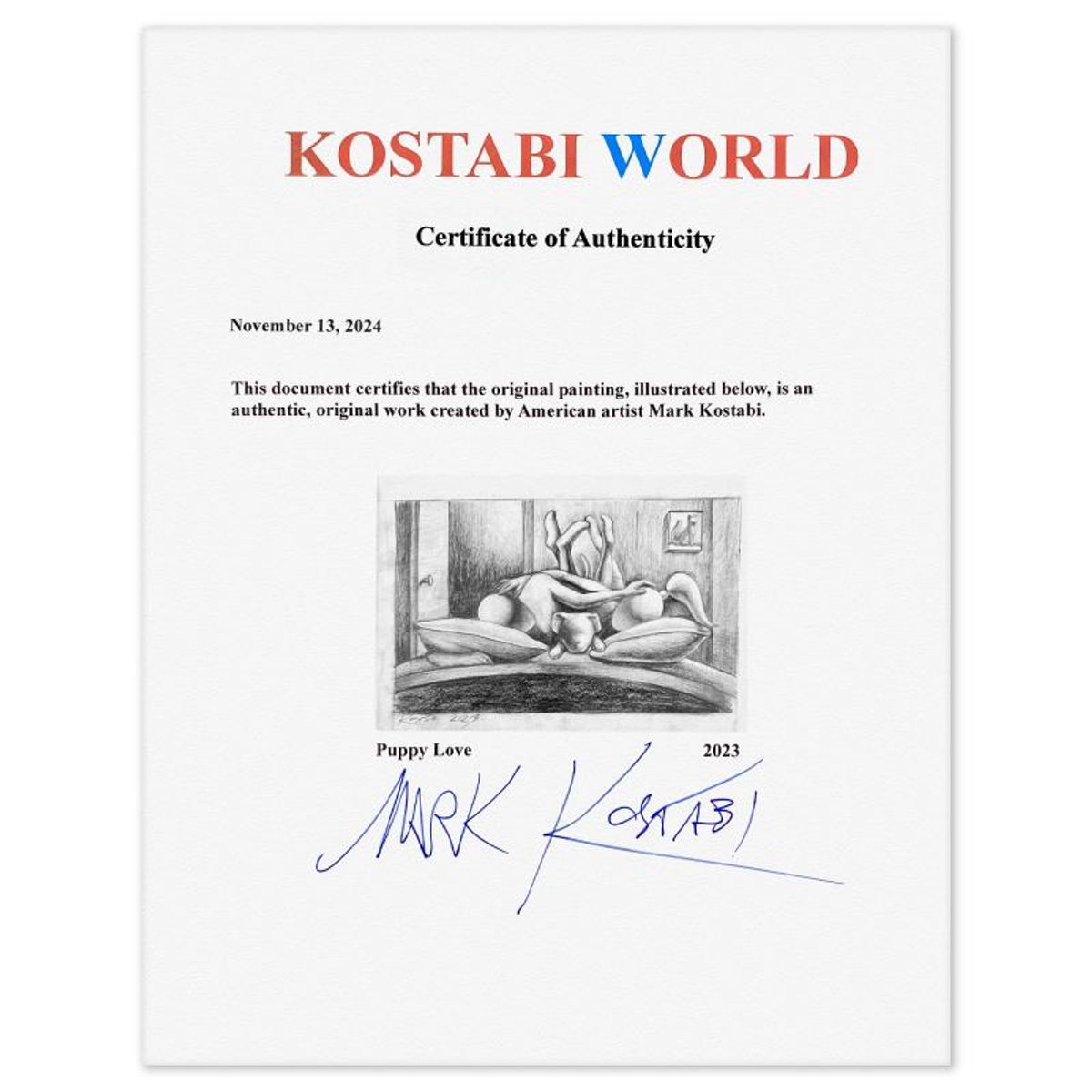Mark Kostabi, "Puppy Love" Framed Original Drawing on Paper, Hand Signed with Certificate of Authenticity