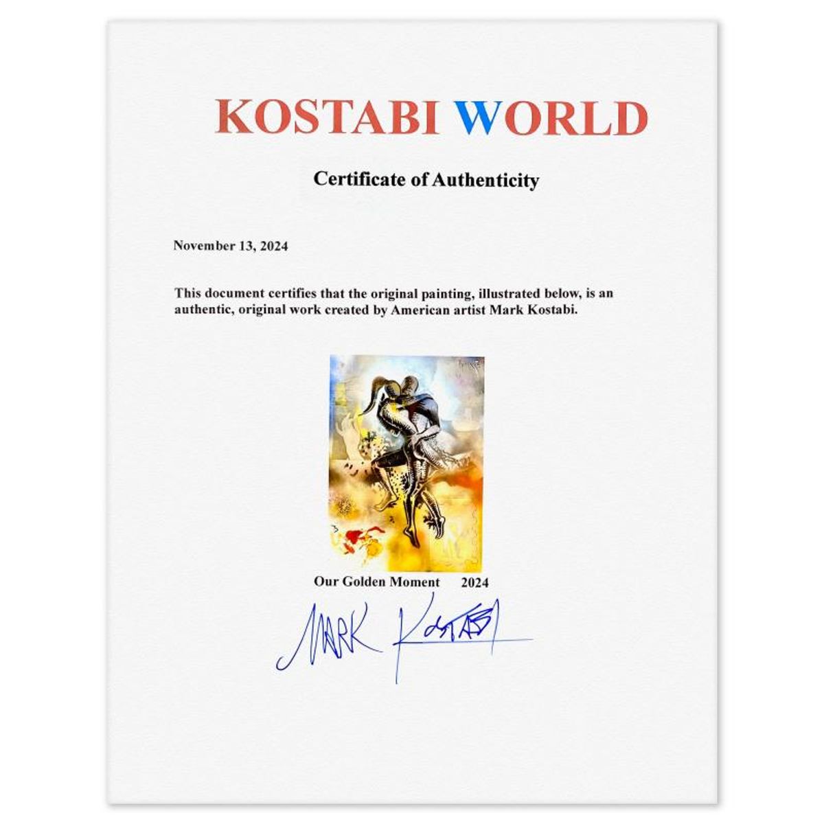 Mark Kostabi, "Our Golden Moment" Framed Original Mixed Media Painting, Hand Signed with Certificate of Authenticity.