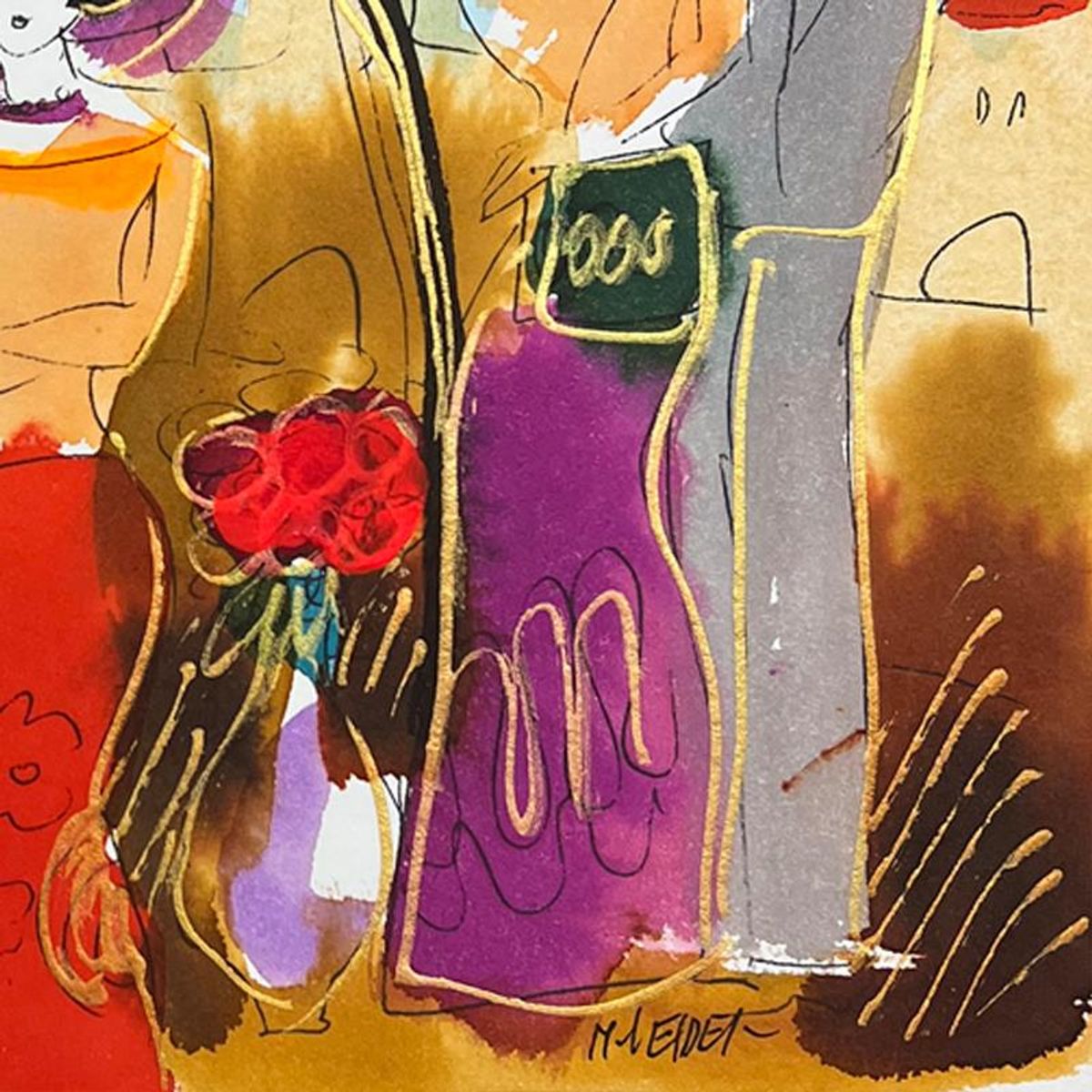 Moshe Leider, Framed Original Mixed Media Watercolor Painting, Hand Signed with Letter of Authenticity.