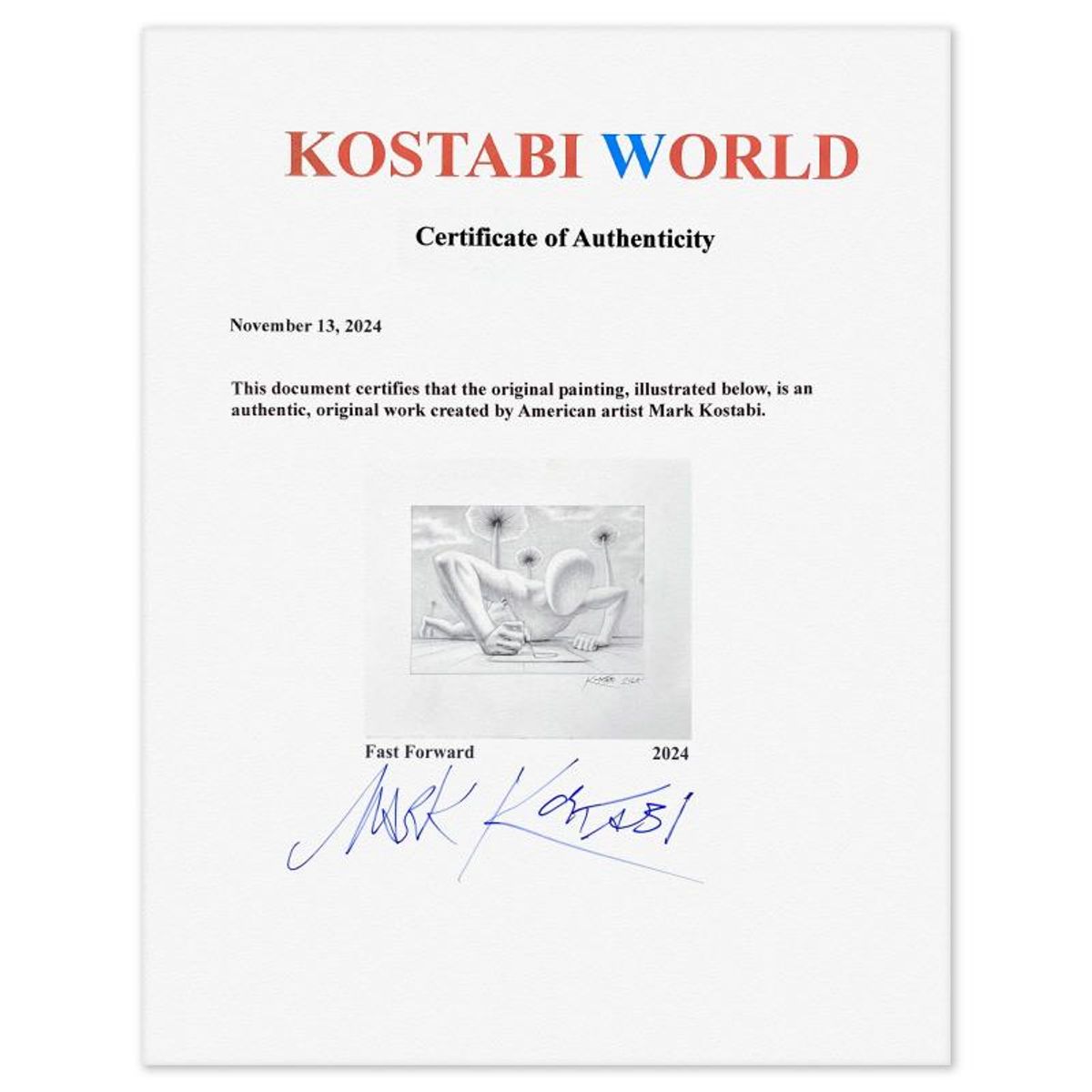 Mark Kostabi, "Fast Forward" Framed Original Drawing on Paper, Hand Signed with Certificate of Authenticity