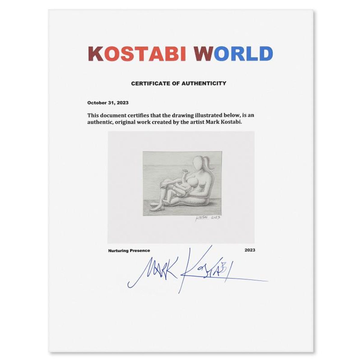 Mark Kostabi, "Nurturing Presense" Framed Original Drawing on Paper, Hand Signed with Certificate of Authenticity.