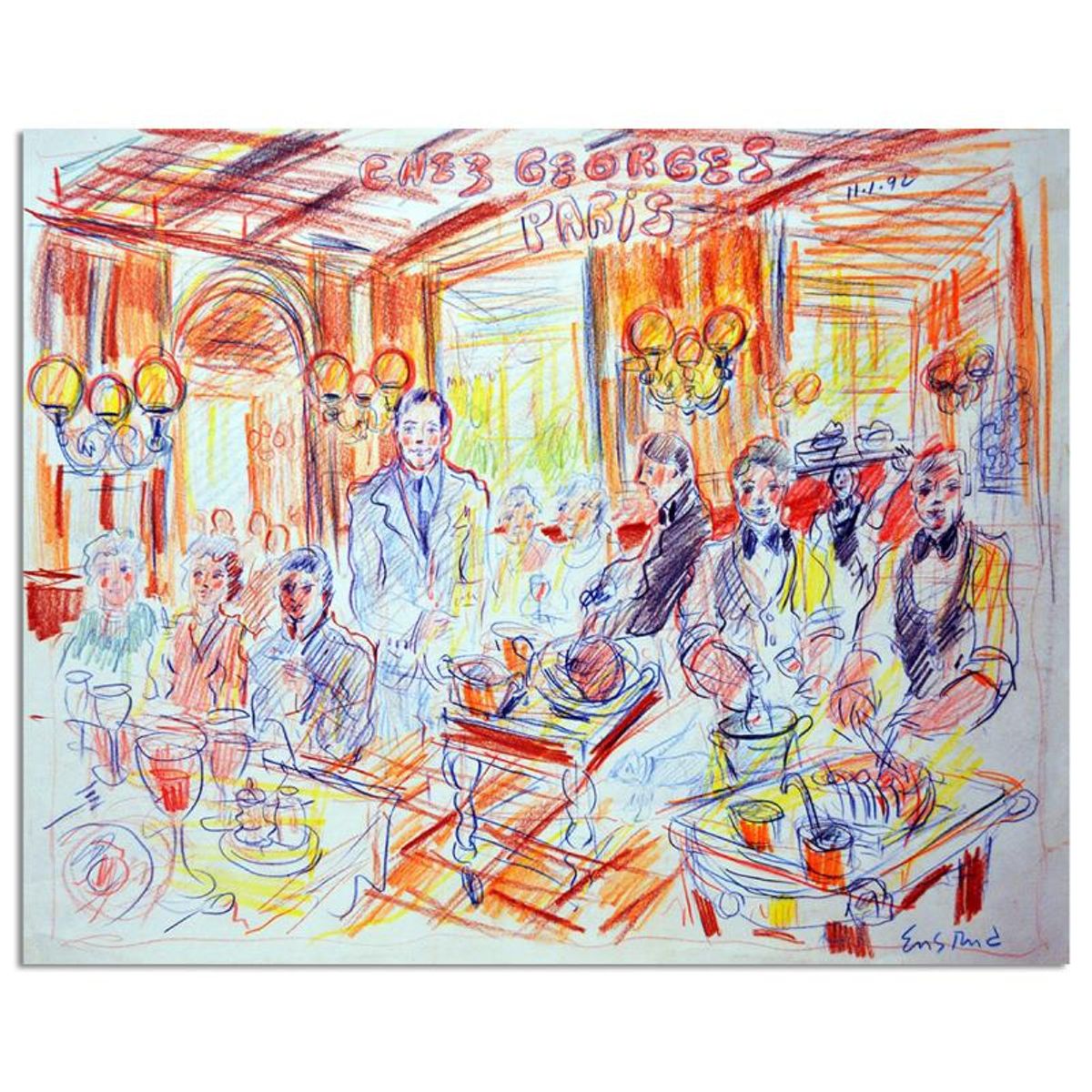Wayne Ensrud, "Chez Georges Restaurant In Paris" Mixed Media Original Artwork with COA.