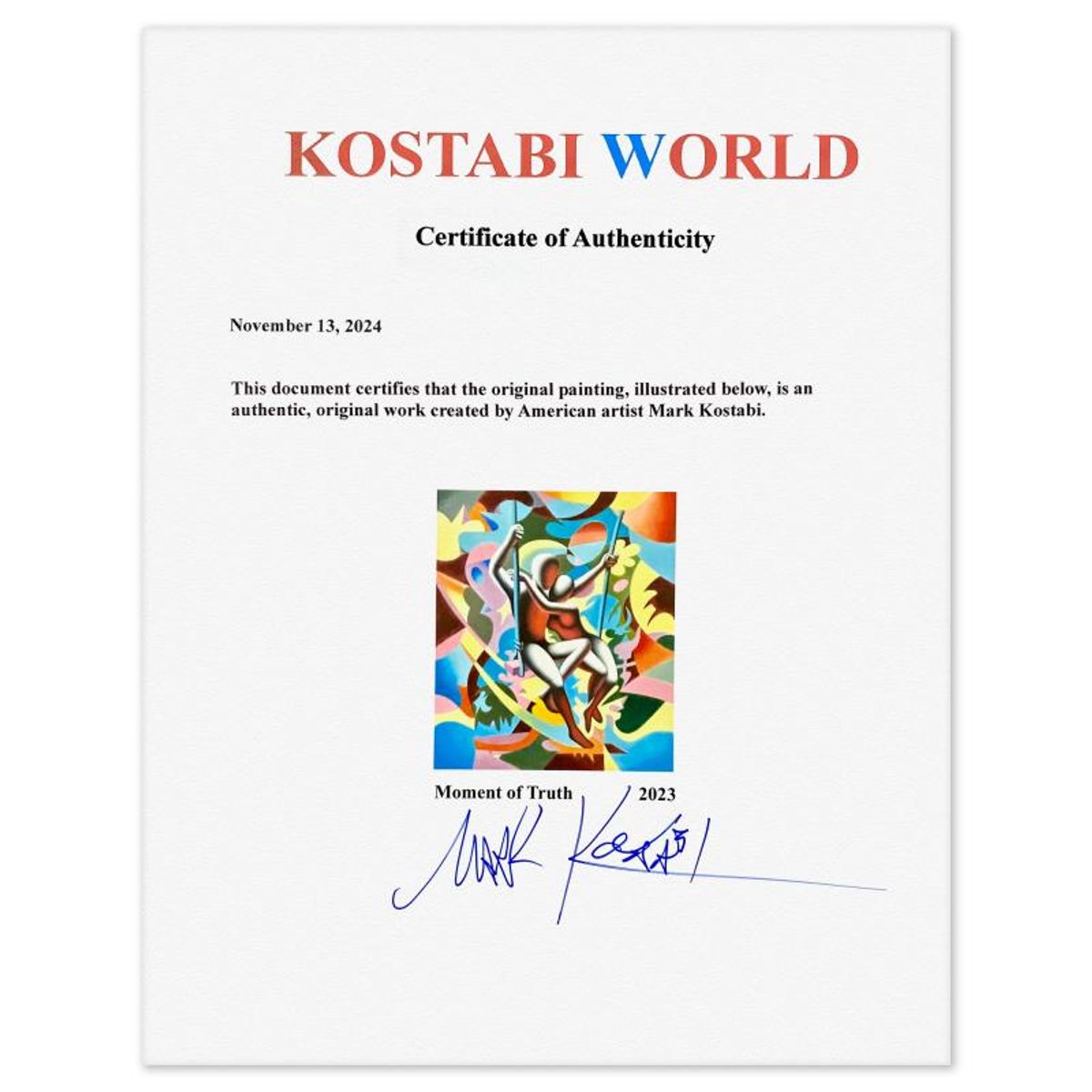 Mark Kostabi, "Moment of Truth" Framed Original Oil Painting on Canvas, Hand Signed with Letter of Authenticity.