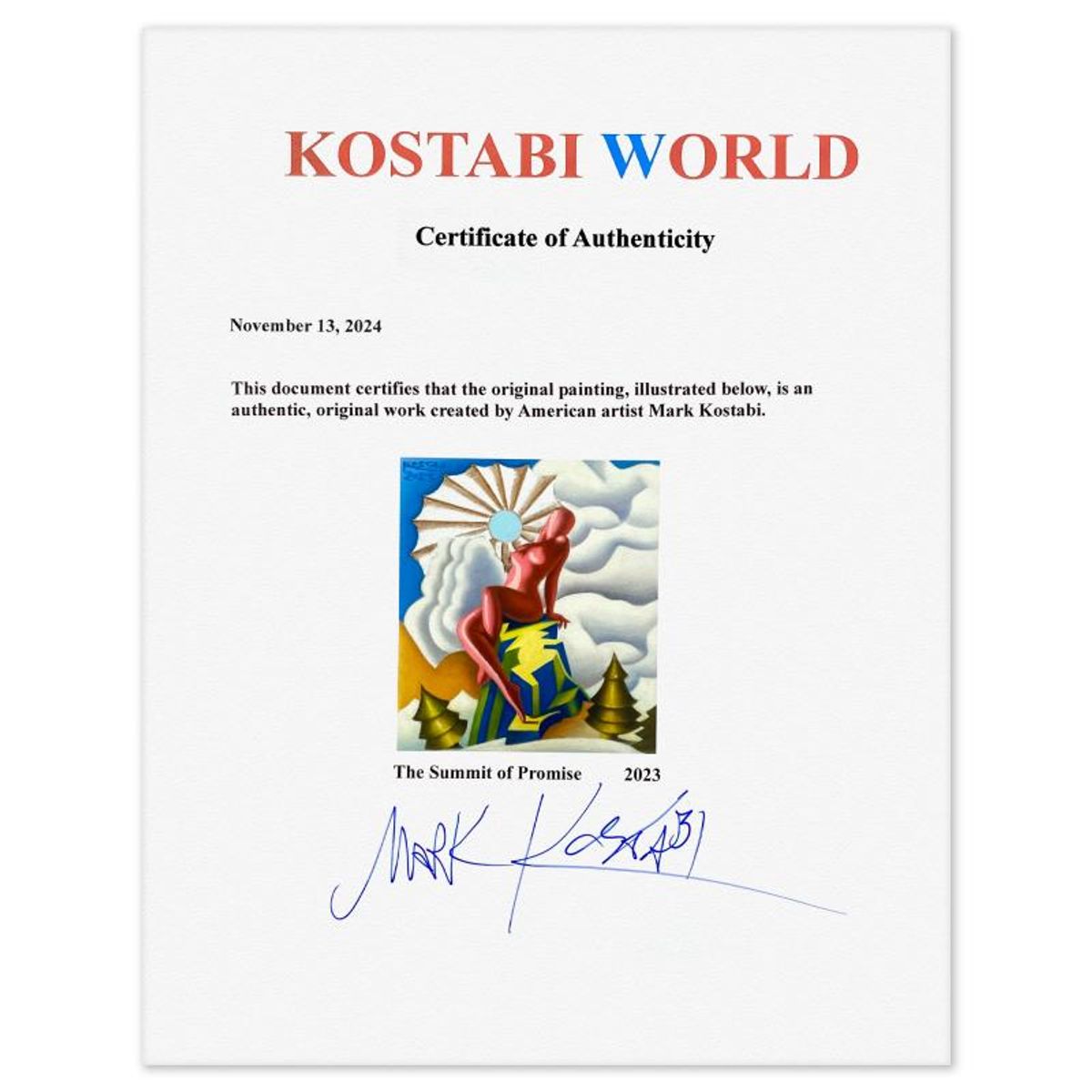 Mark Kostabi, "The Summit of Promise" Framed Original Oil Painting on Canvas, Hand Signed with Letter of Authenticity.