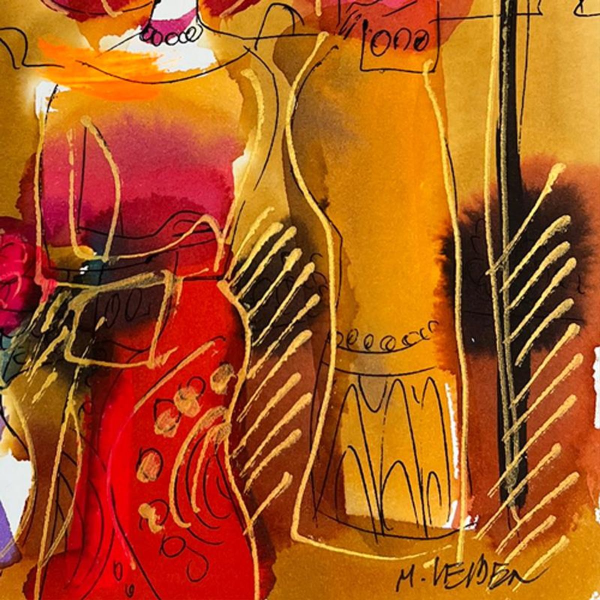 Moshe Leider, Framed Original Mixed Media Watercolor Painting, Hand Signed with Letter of Authenticity.