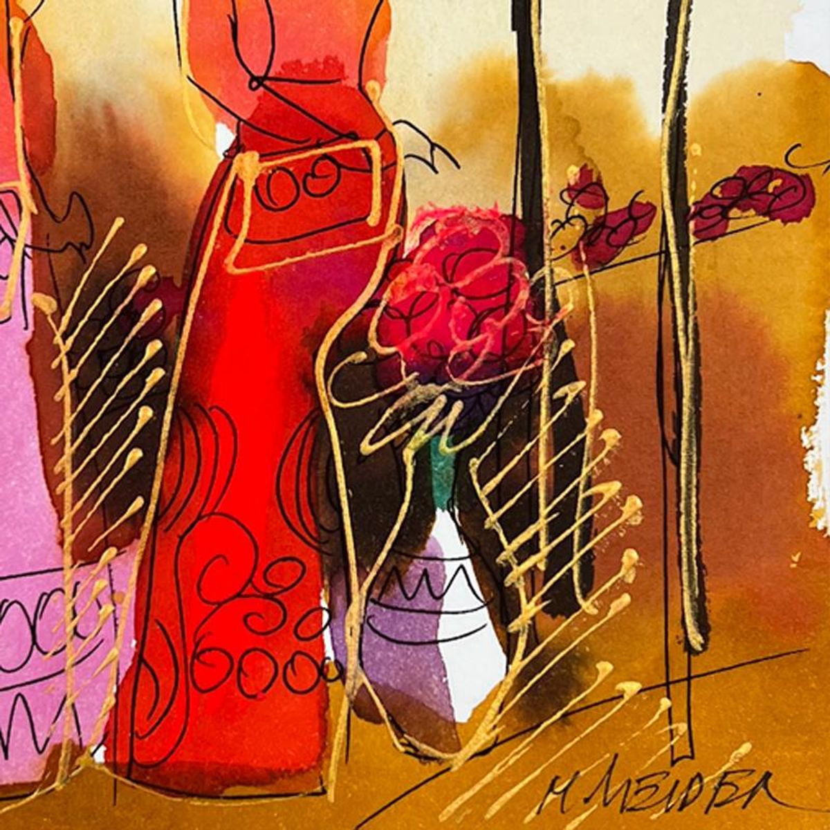 Moshe Leider, Framed Original Mixed Media Watercolor Painting, Hand Signed with Letter of Authenticity.