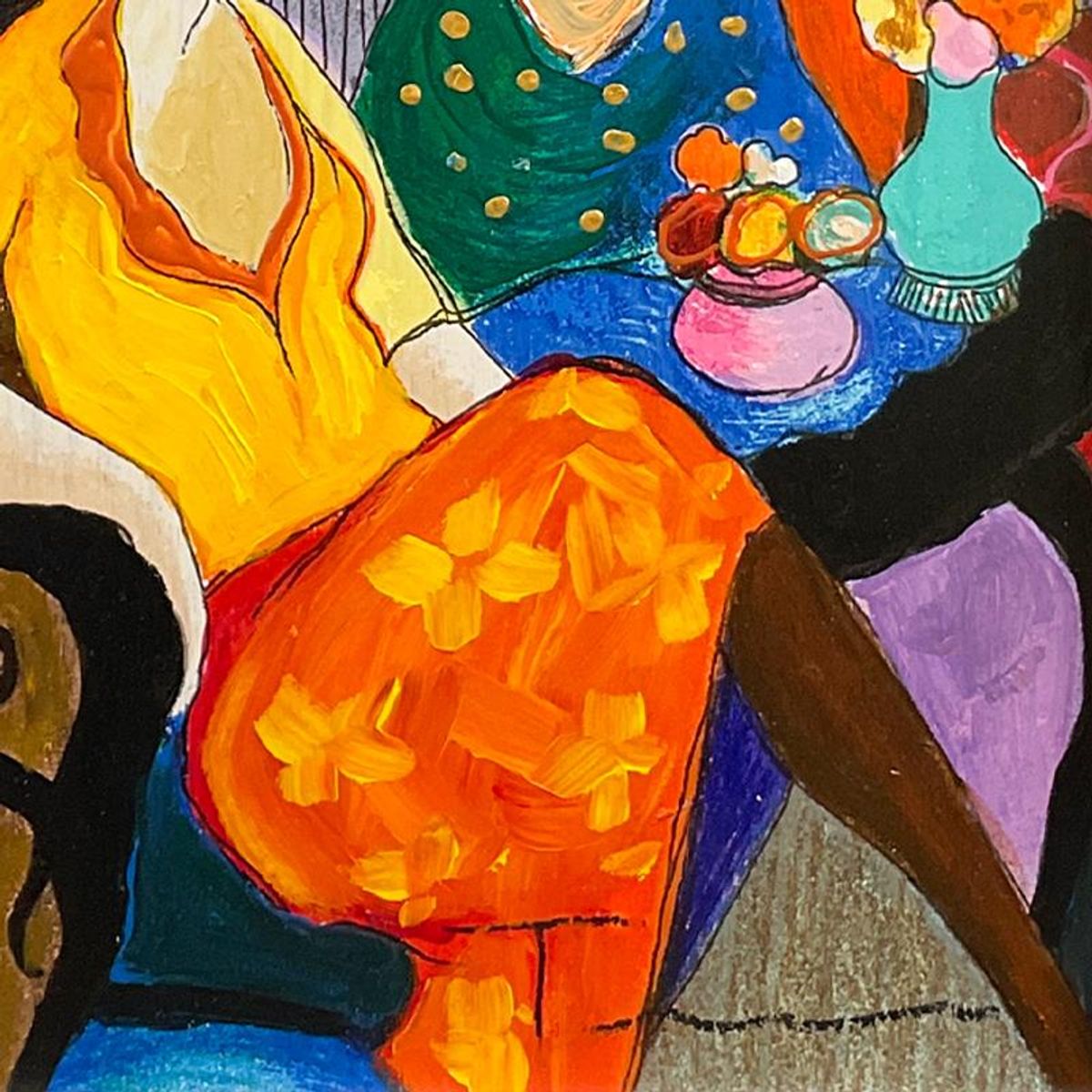 Itzchak Tarkay (1935-2012), "Chit Chat" Framed One-of-a-Kind Mixed Media Over Paint on Wood, Hand Signed with Letter of Authenticity