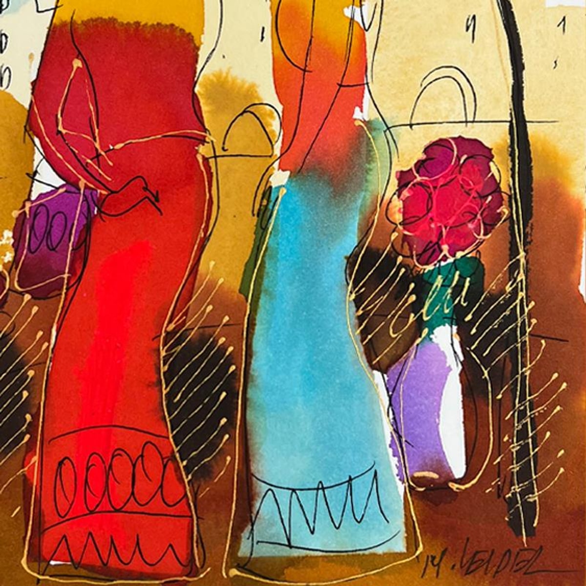 Moshe Leider, Framed Original Mixed Media Watercolor Painting, Hand Signed with Letter of Authenticity.