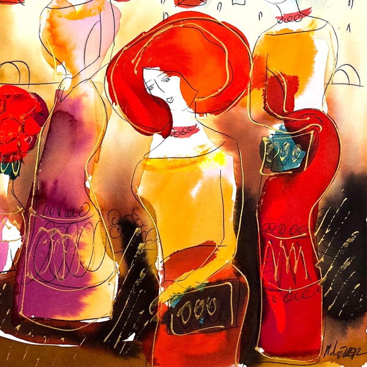 Moshe Leider, Framed Original Mixed Media Watercolor Painting, Hand Signed with Letter of Authenticity.