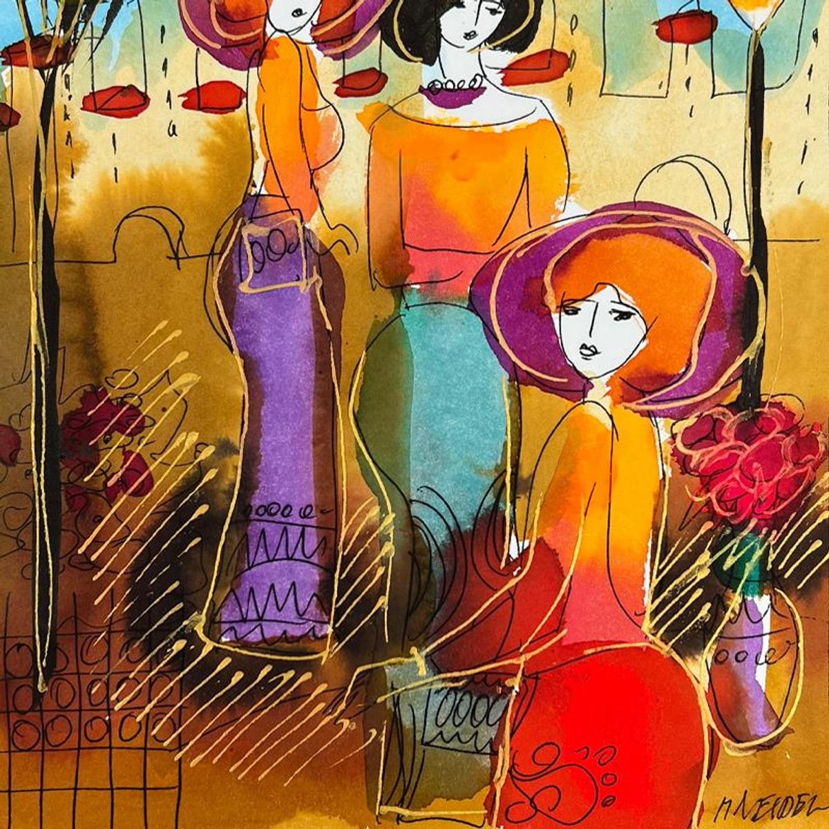 Moshe Leider, Framed Original Mixed Media Watercolor Painting, Hand Signed with Letter of Authenticity.