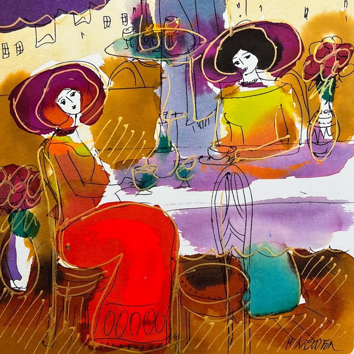 Moshe Leider, Framed Original Mixed Media Watercolor Painting, Hand Signed with Letter of Authenticity.