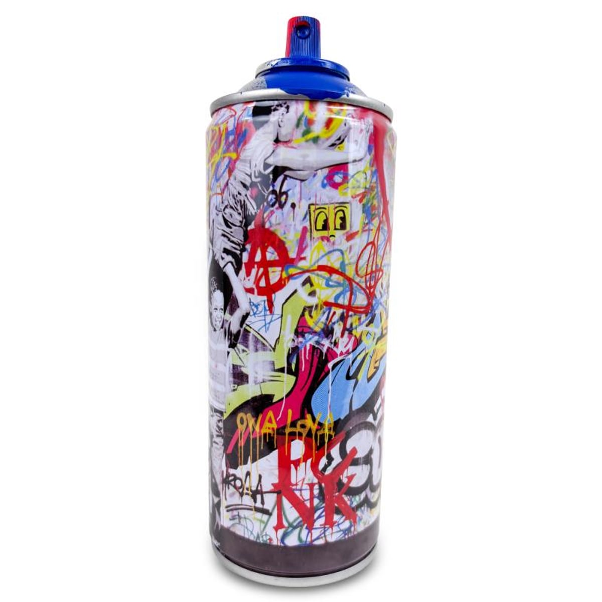 Mr Brainwash, "Never, Never Give Up - BLUE" Hand Painted Limited Edition Spray Can, Numbered and Signed with Certificate of Authenticity.