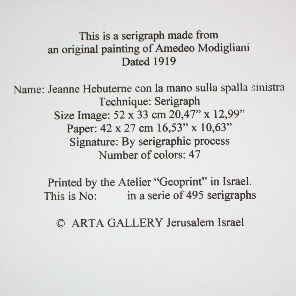 Amedeo Modigliani- Serigraph "Jenne Hebuterne Con La Mano Sulla Spalla Sinistra"