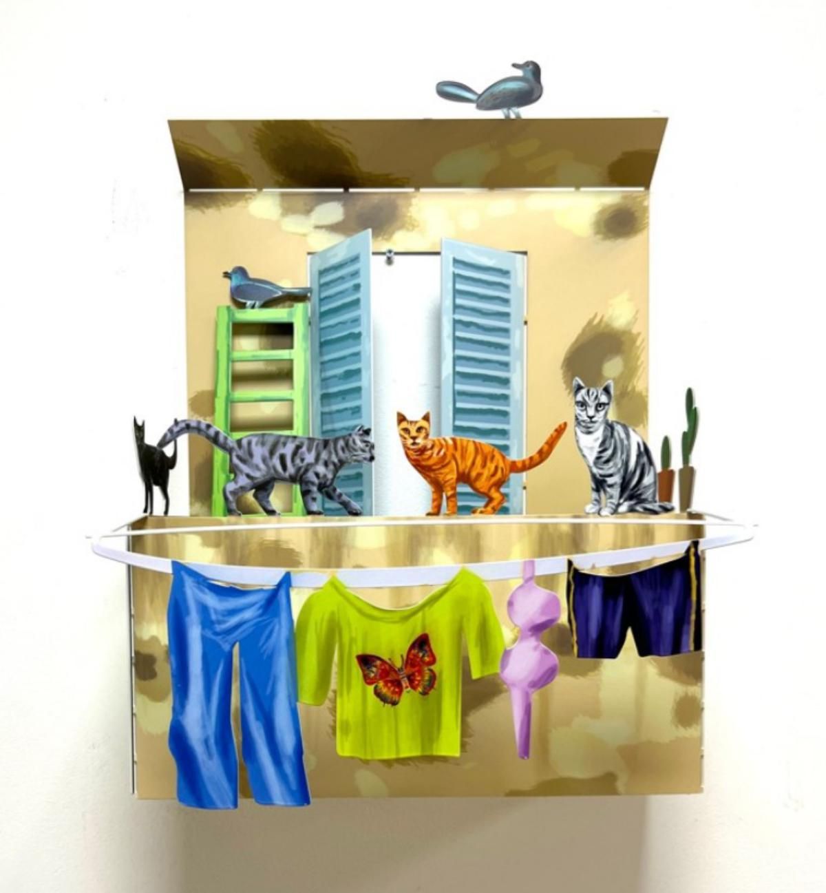 David Gerstein- Mixed Media Cutout Aluminum "Balcony with Cat"