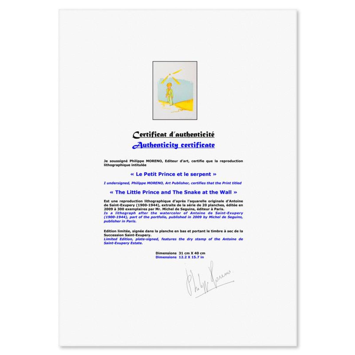 Antoine de Saint-Exupery 1900-1944 (After), "The Little Prince And The Snake" Framed Limited Edition Lithograph with Certificate of Authenticity