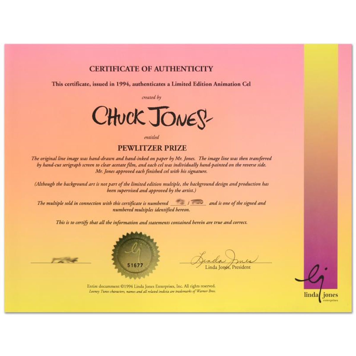 Pewlitzer Prize by Chuck Jones (1912-2002). Limited Edition Animation Cel with Hand Painted Color Numbered and Hand Signed, with Certificate of Authenticity.