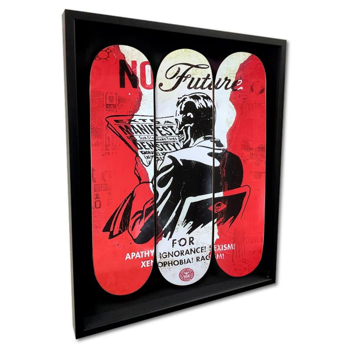Shepard Fairey, "No Future" Framed Limited Edition Skateboard Triptych, Plate Signed with Letter of Authenticity.