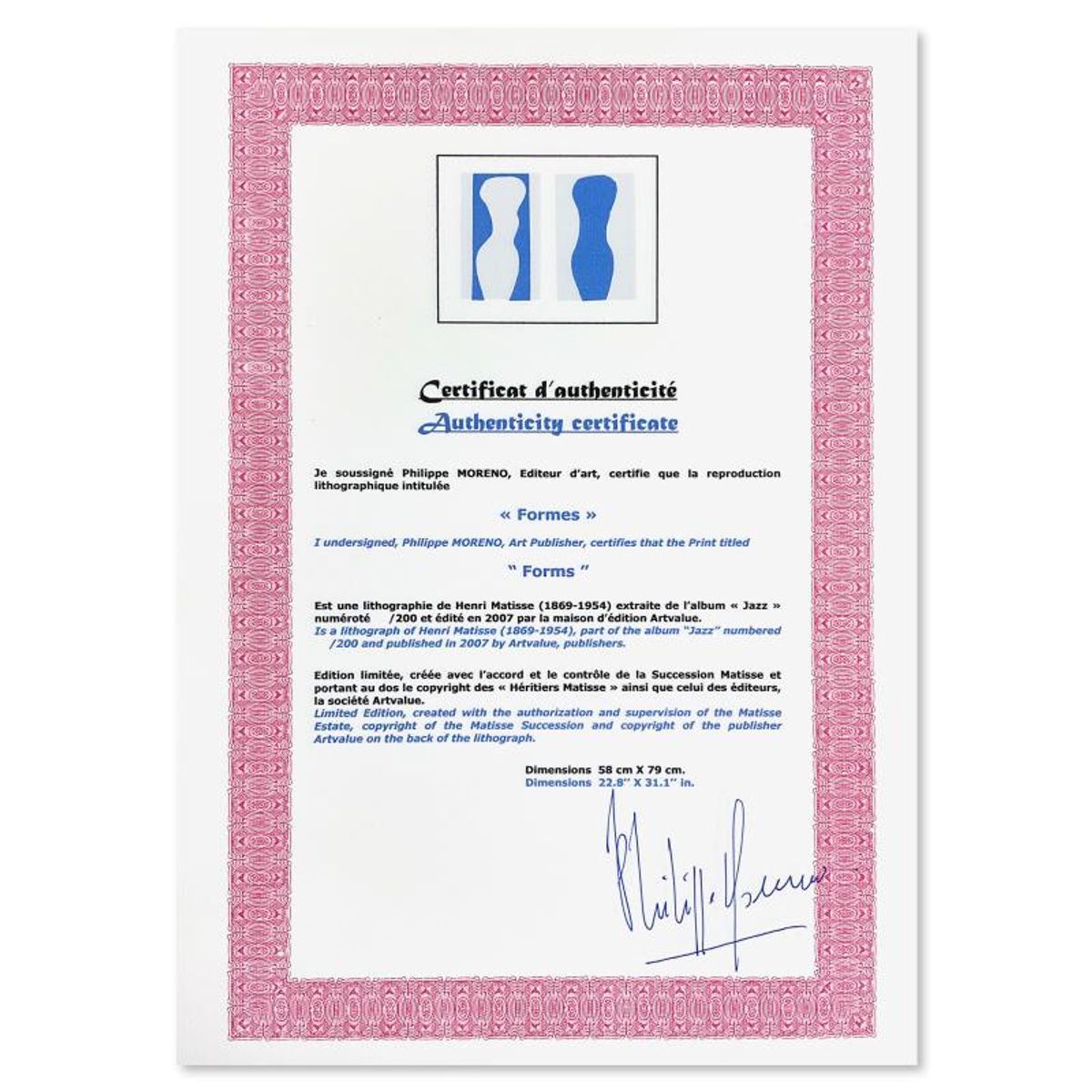 Henri Matisse 1869-1954 (After), "Formes (Forms)" Framed Limited Edition Lithograph with Certificate of Authenticity.