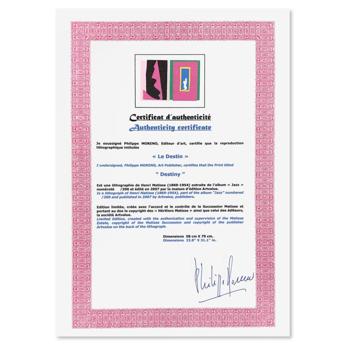 Henri Matisse 1869-1954 (After), "Le Destin (Destiny)" Framed Limited Edition Lithograph with Certificate of Authenticity.