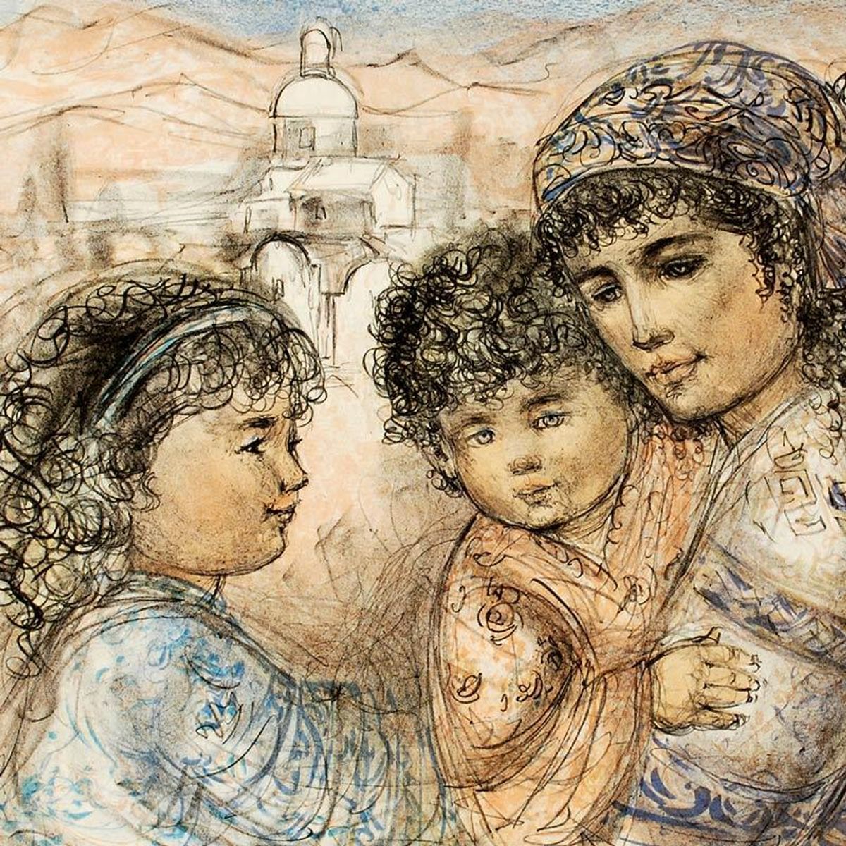 Zalina with Aries and Ande Limited Edition Lithograph by Edna Hibel, Numbered and Hand Signed with Certificate of Authenticity.