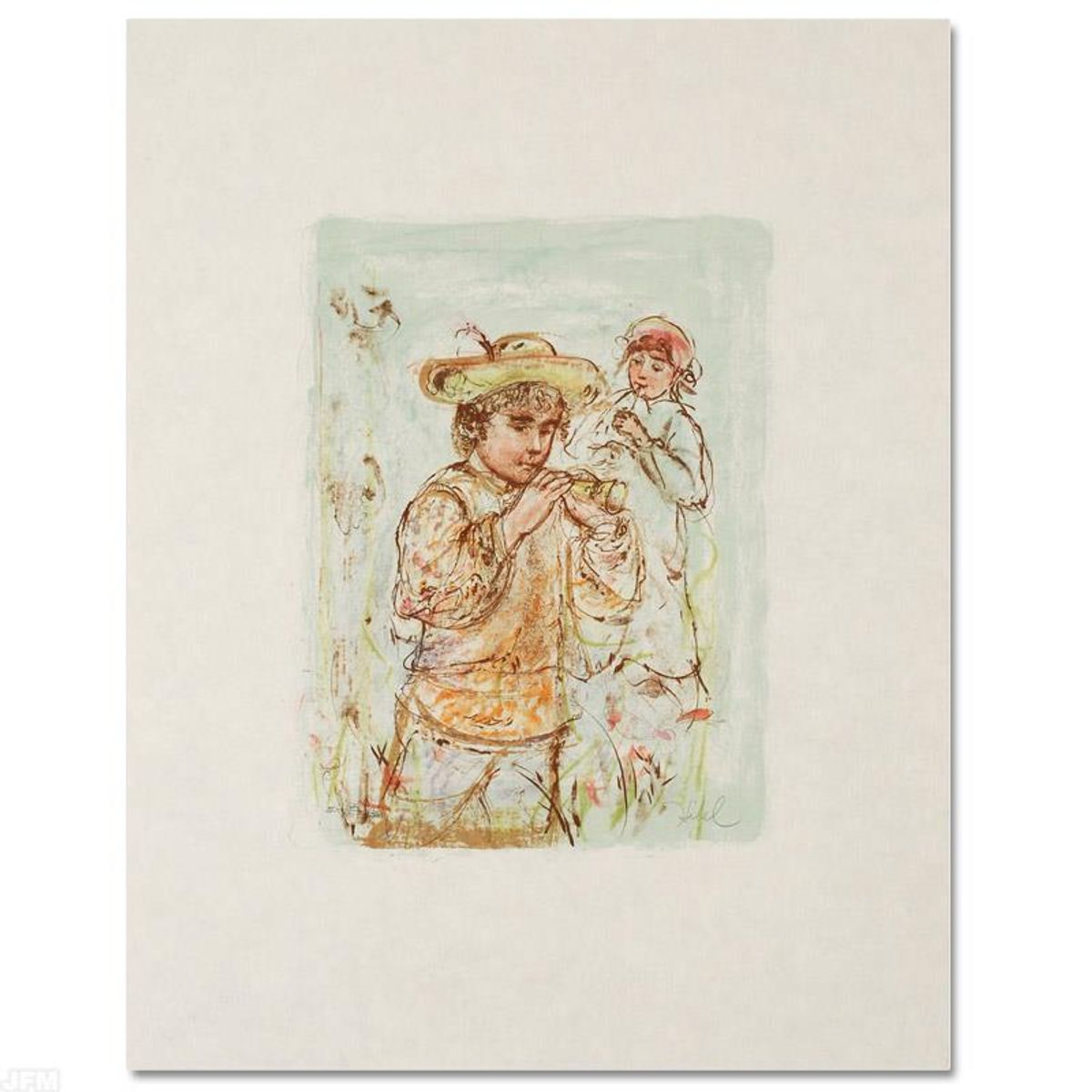 Edna Hibel (1917-2014), "Boy with Horn" Hand Signed Limited Edition Lithograph with Certificate of Authenticity.
