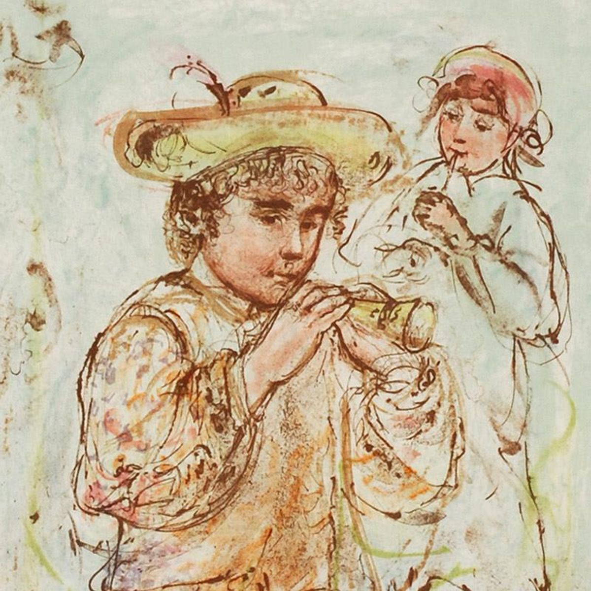 Boy with Horn Limited Edition Lithograph by Edna Hibel (1917-2014), Numbered and Hand Signed with Certificate of Authenticity.