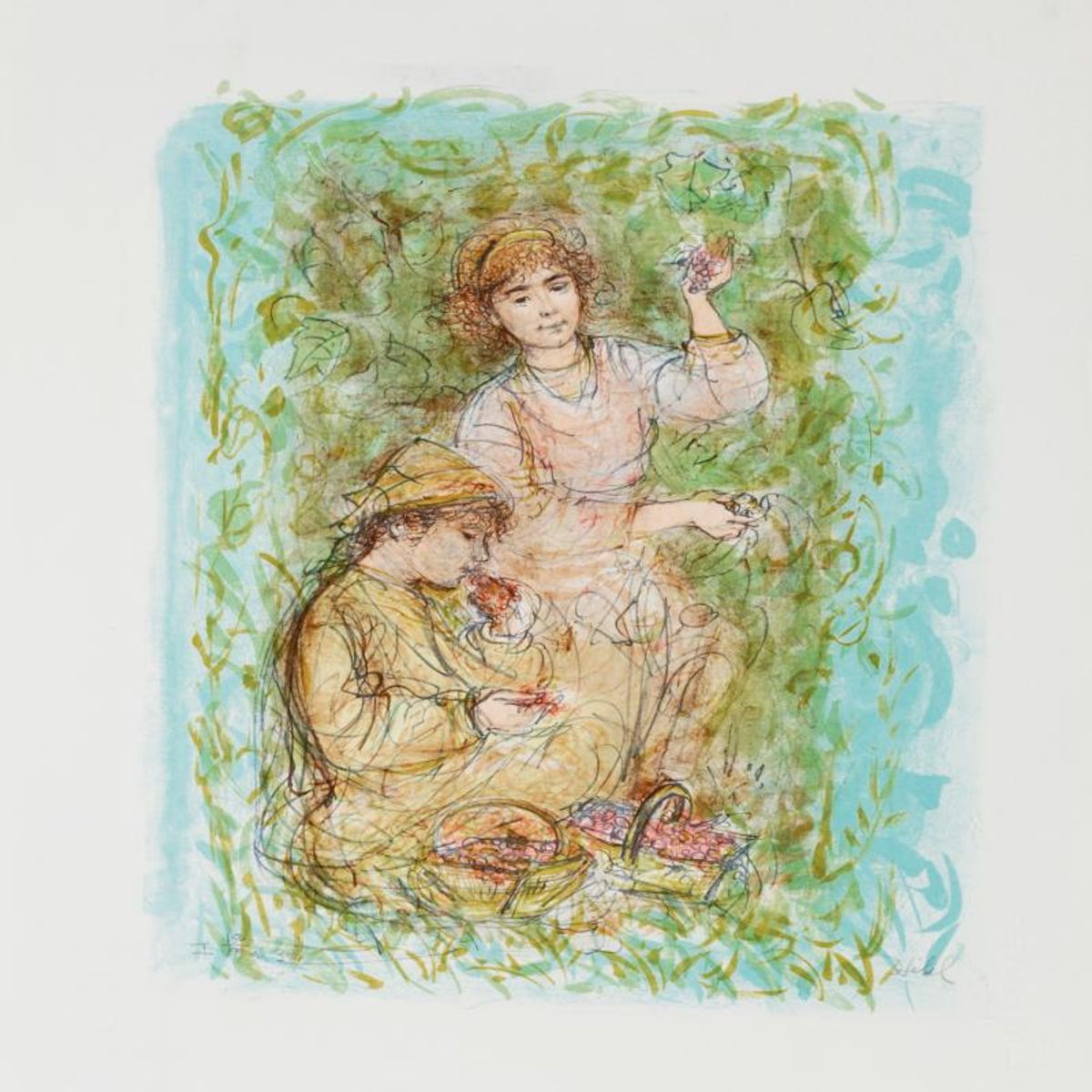 Vineyard Limited Edition Lithograph by Edna Hibel (1917-2014), Numbered and Hand Signed with Certificate of Authenticity.