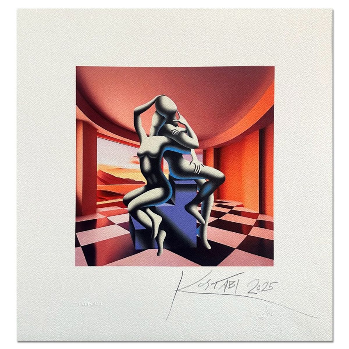 Mark Kostabi, "Timeless Embrace" Hand Signed Limited Edition Serigraph with Certificate of Authenticity.