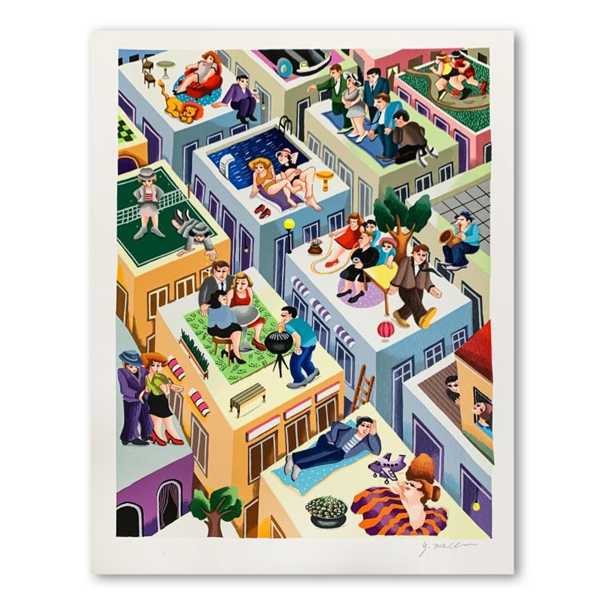 Yuval Mahler, "Escaping the Fire" Hand Signed Limited Edition Serigraph on Paper with Letter of Authenticity.