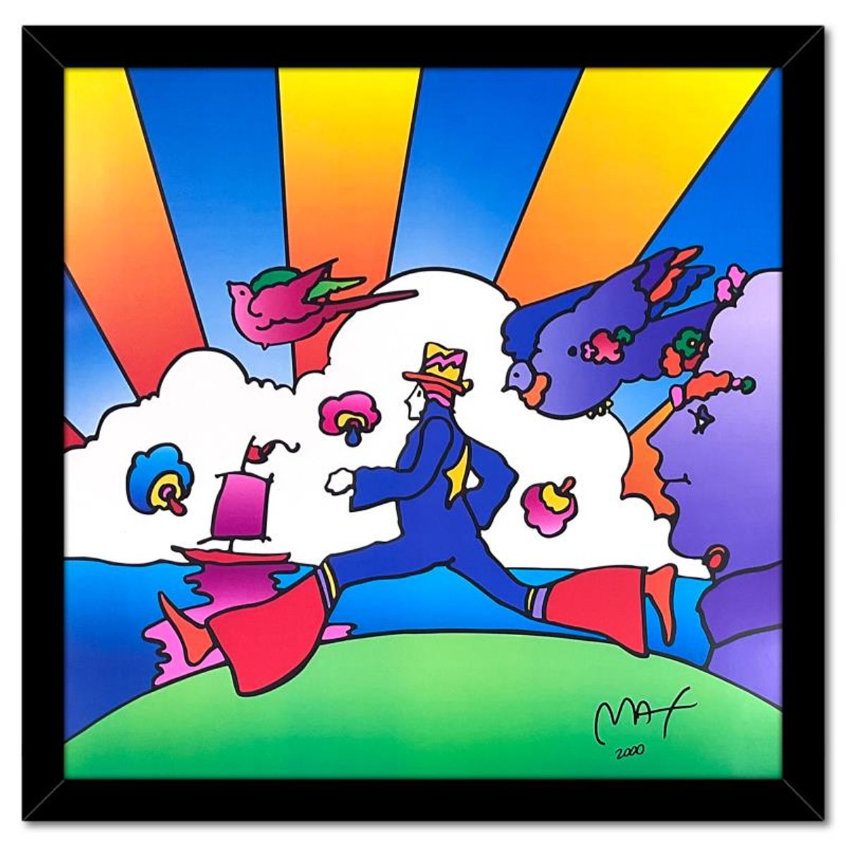Peter Max, "Cosmic Runner 2000" Framed Hand Signed Offset Lithograph with Letter of Authenticity.