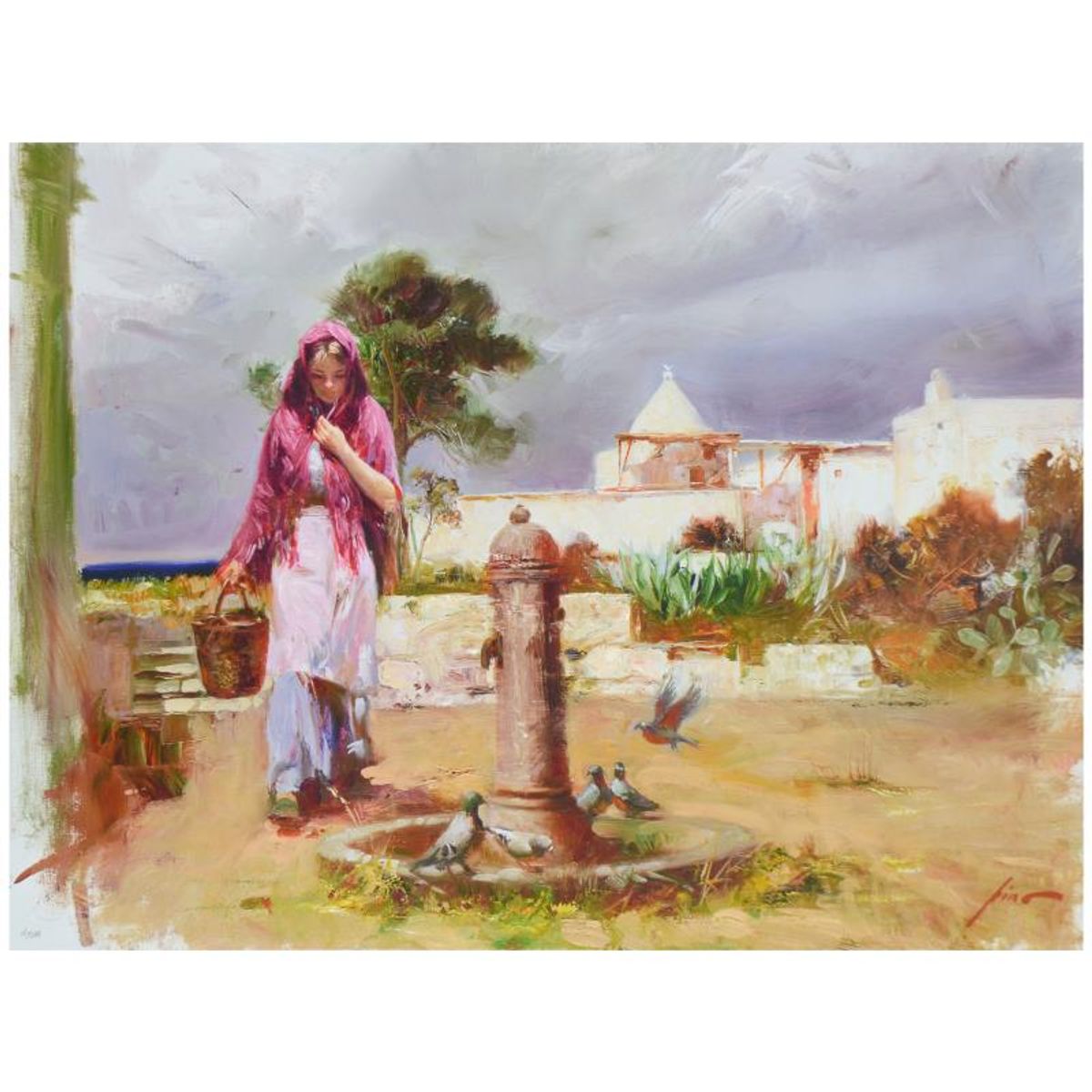 Pino (1939-2010), "The Water Fountain" Limited Edition Hand Embellished Giclee on Canvas. Numbered and Hand Signed with Certificate of Authenticity.