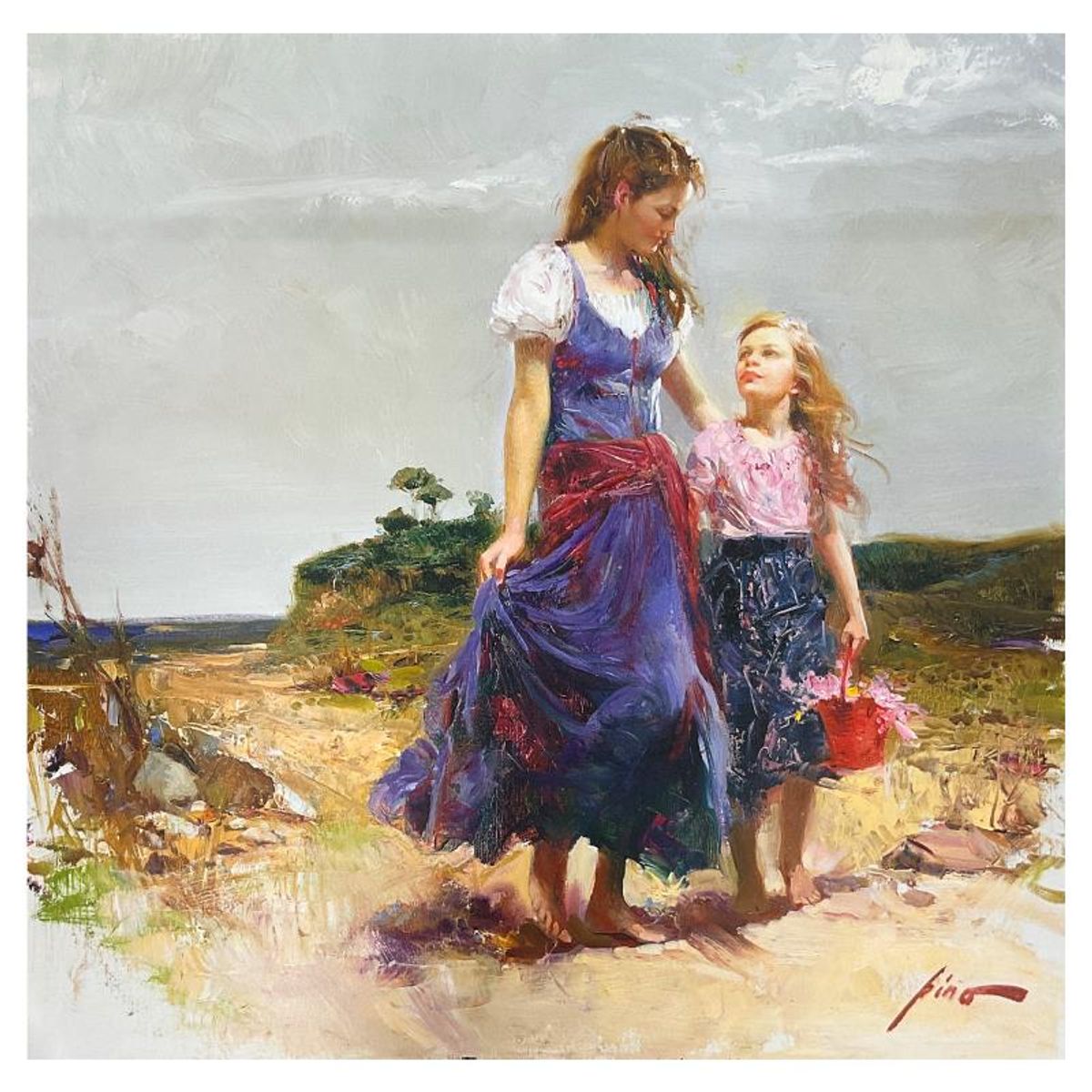 Pino (1939-2010) "Gathering Wildflowers" Hand Embellished Limited Edition on Canvas, Numbered and Hand Signed with Certificate of Authenticity.