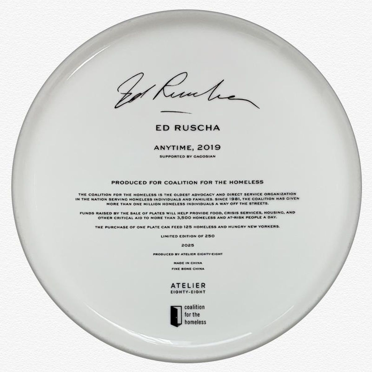 Ed Ruscha, "Anytime" Framed Limited Edition Fine Bone China Plate