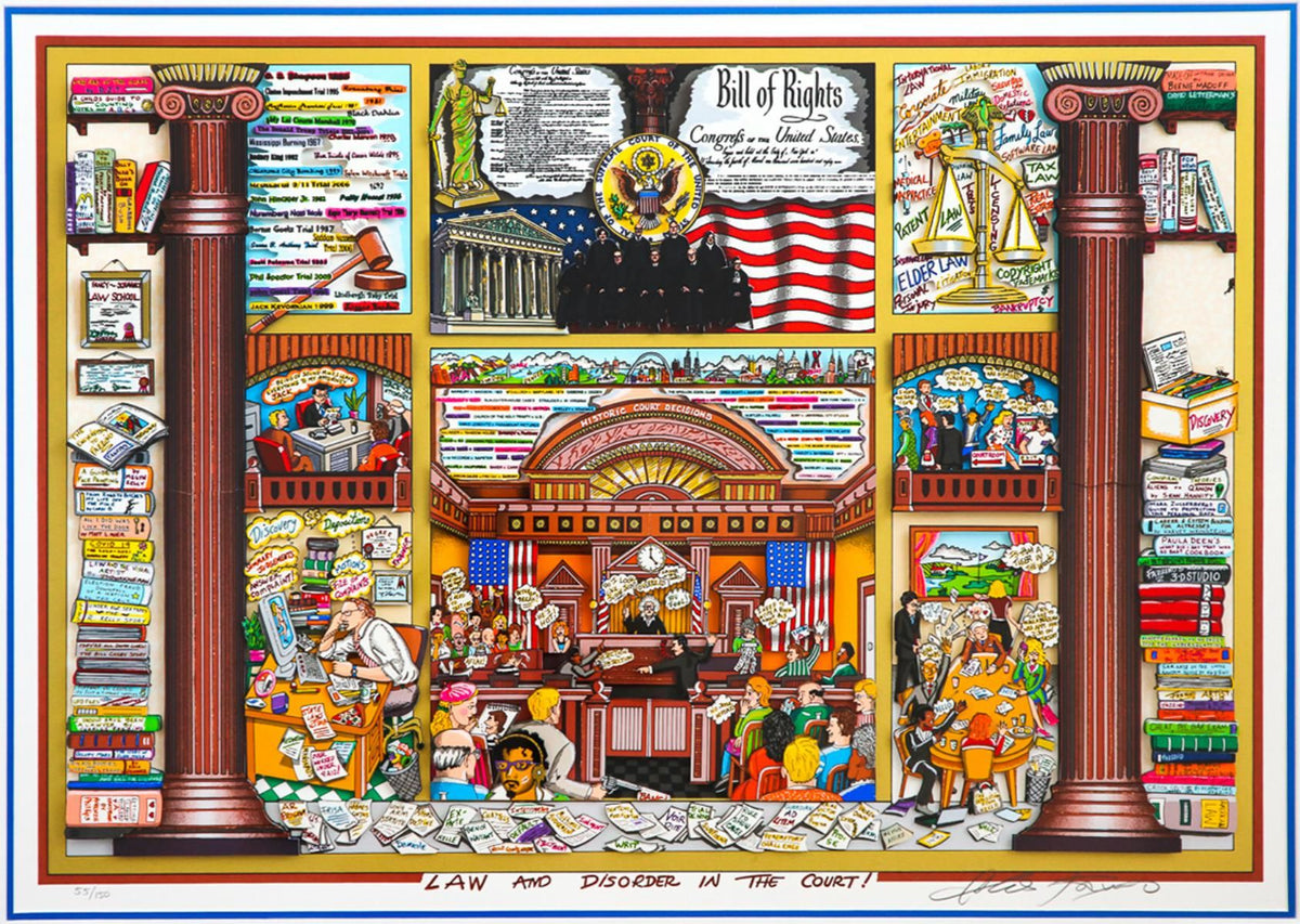 Charles Fazzino- 3D Construction Silkscreen Serigraph "Law and Disorder in the Court! (Blue)"