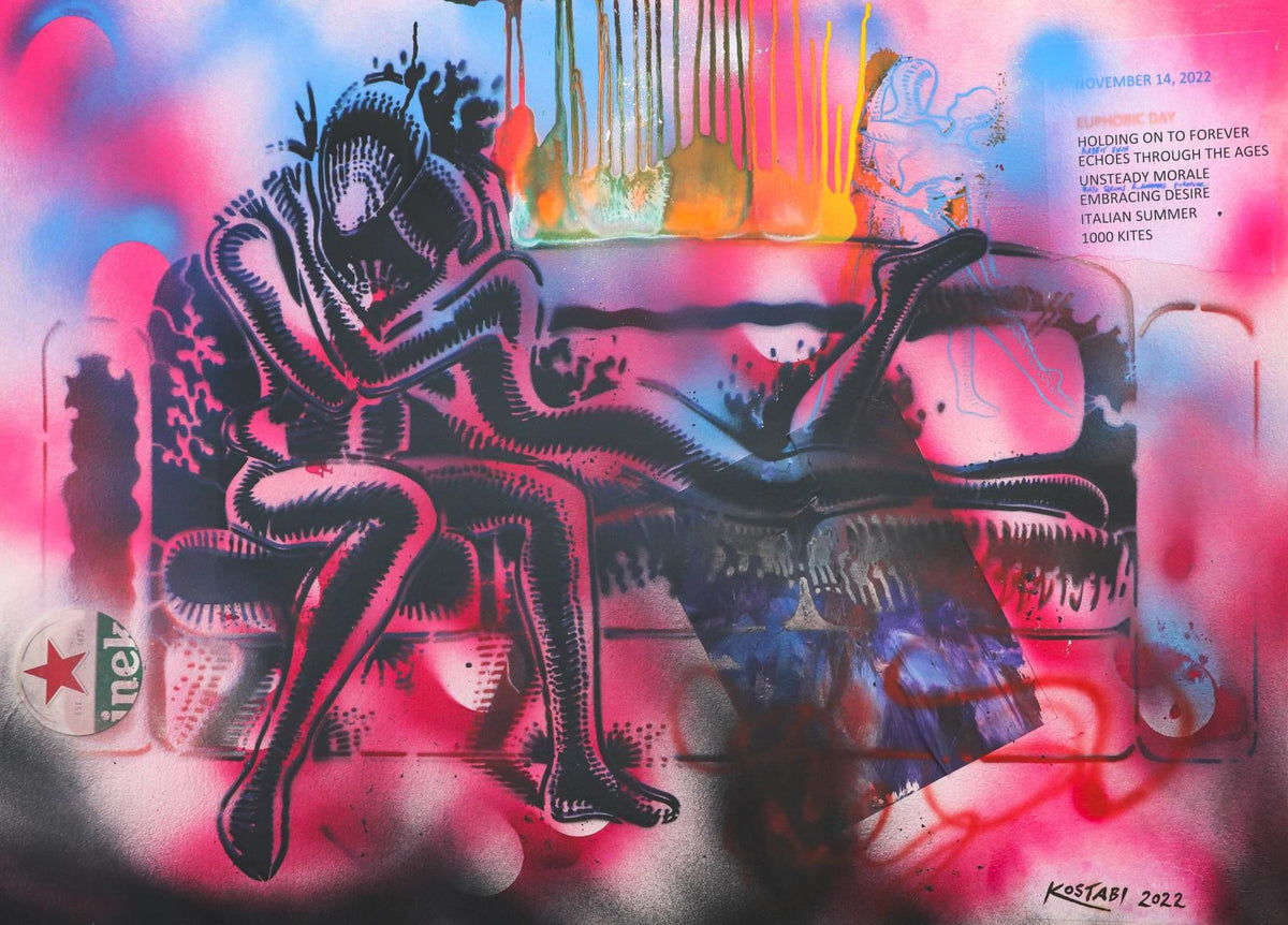 Mark Kostabi- Original Mixed Media on Paper "Echoes of Holding, 2022"
